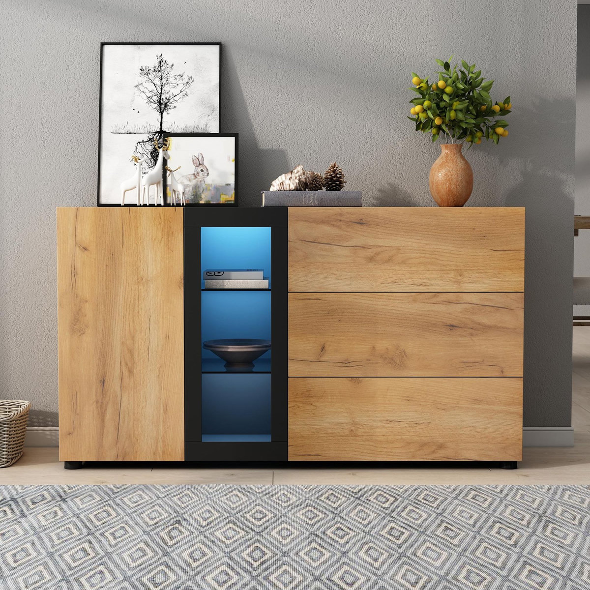MERAX Buffet 1 porte(s) 3 tiroir(s) - 140 cm naturel led panneaux de particules
