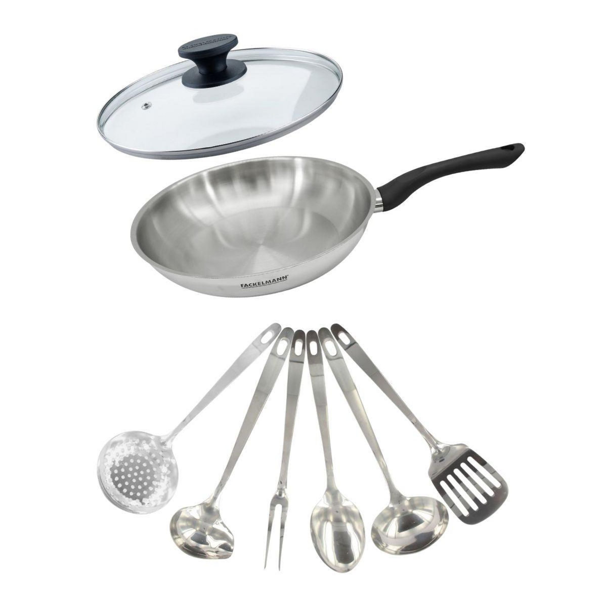 Fackelmann Set poêle 28 cm en inox, couvercle verre et 6 ustensiles inox Fackelmann Geneva