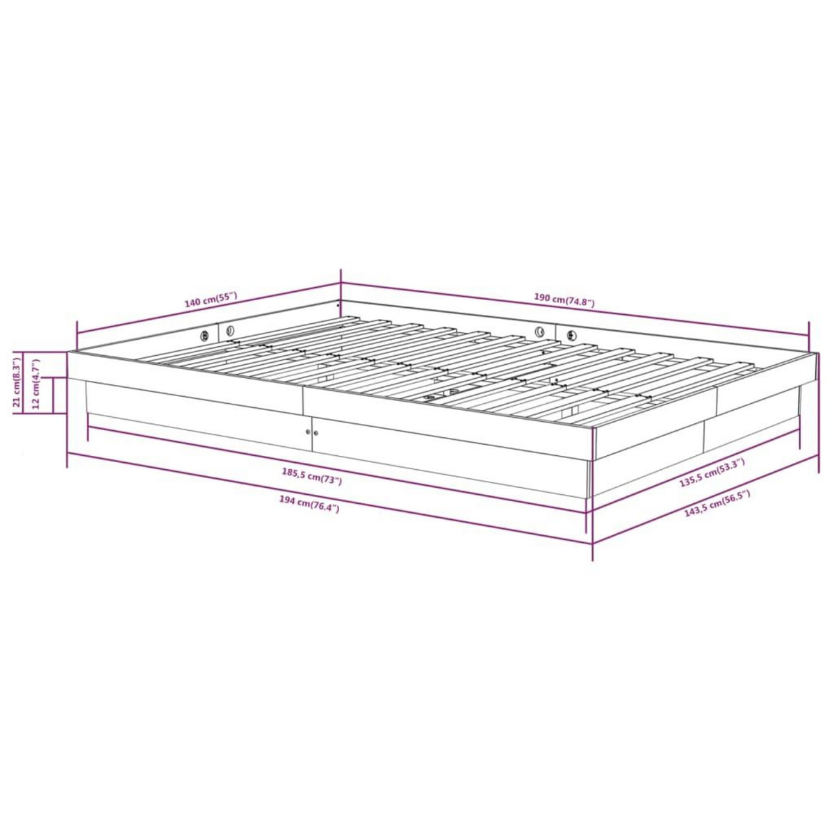 VIDAXL Cadre de lit sans matelas noir bois massif 140x190 cm