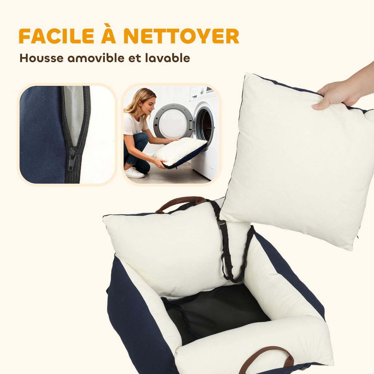 PAWHUT Siège auto sac de transport chien 2 en 1 - réglable - coussin déhoussable - coton bleu écru