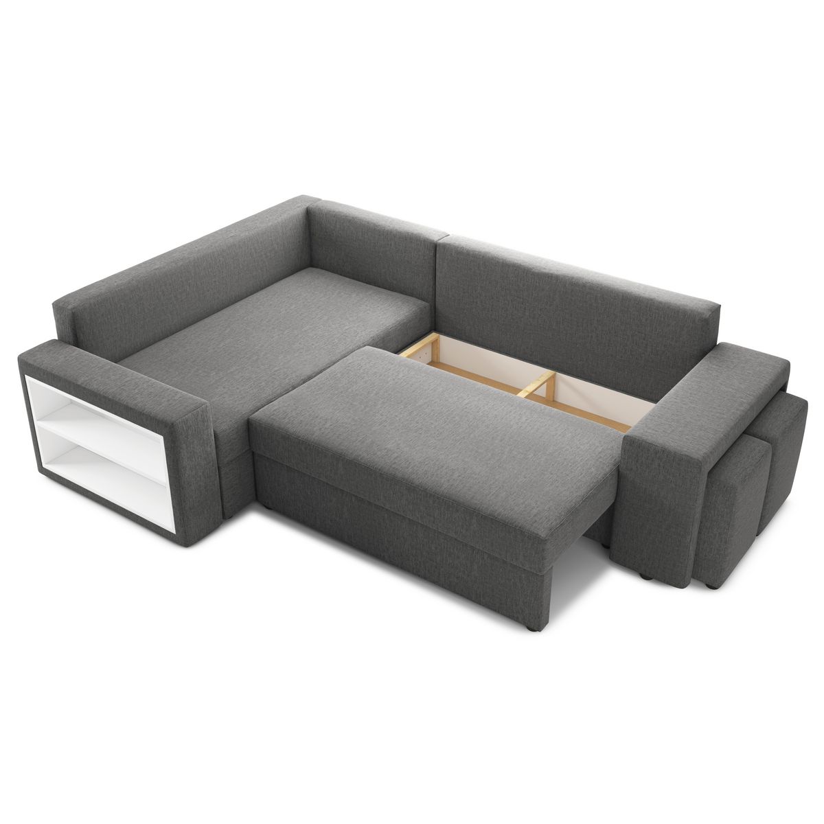 Canapé d'angle convertible réversible 5 places avec étagères et poufs intégrés AUSTIN XL