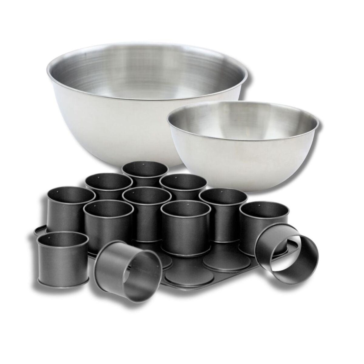 ZENKER Set avec 1 Plaque pâtisserie avec 12 mini moules ronds, 1 spatule Zenker et 2 bols à mixer en inox Fackelmann