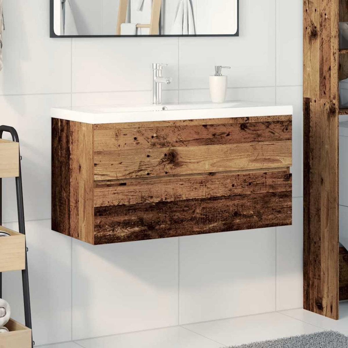 VIDAXL Meuble lavabo avec bassin et robinet integres vieux bois