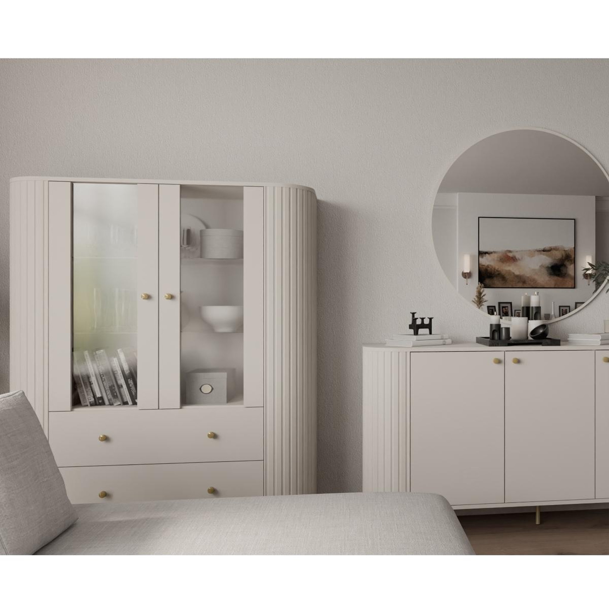 Voir la diapositive 5 : JLC KREATION Vitrine moderne 2 portes beige et doré forme arrondie lilio