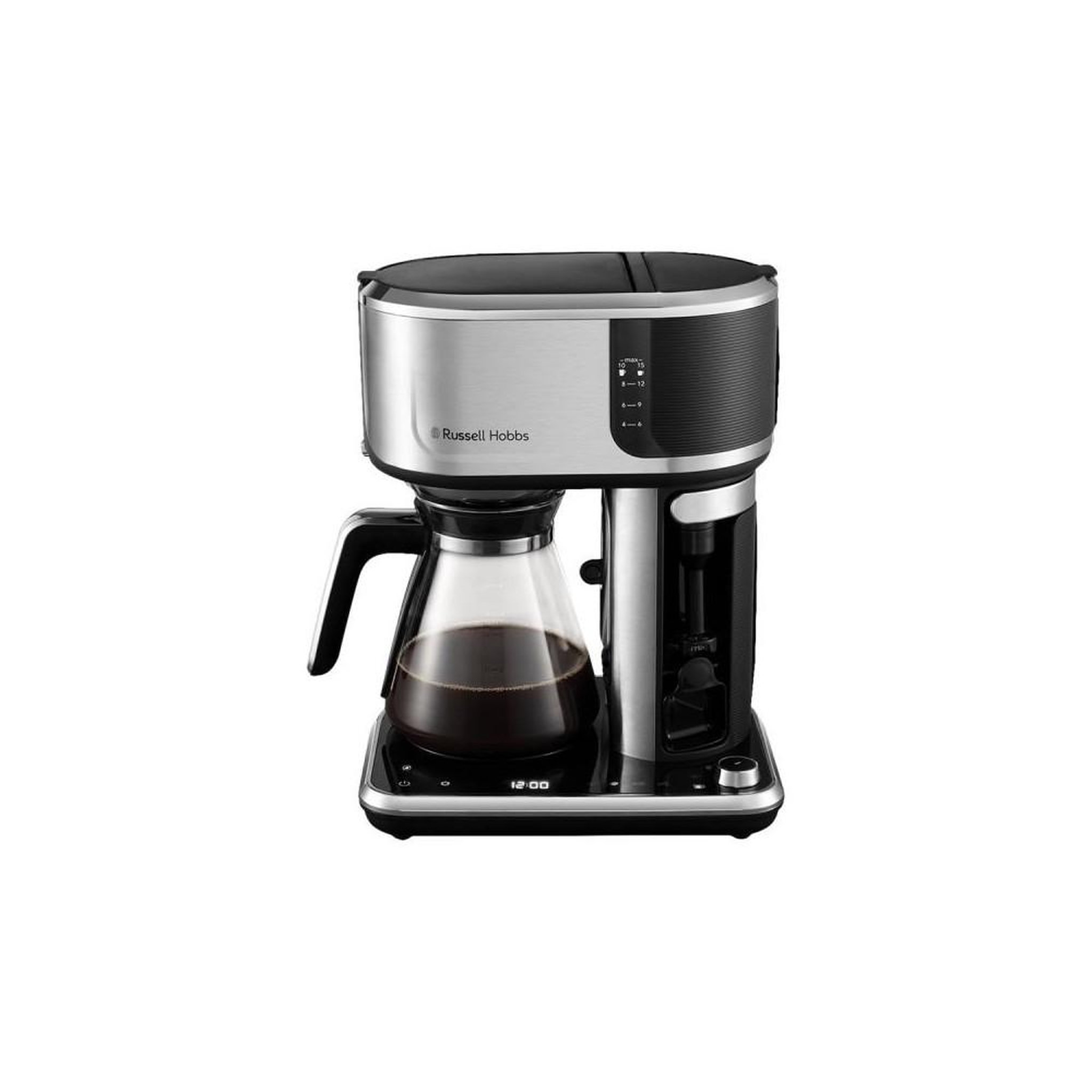 Russell Hobbs Machine à café filtre automatique russell hobbs 26230-56, avec écran tactile, 15 tasses, infusion froide et mousseur à lait, acier brossé noir et inox
