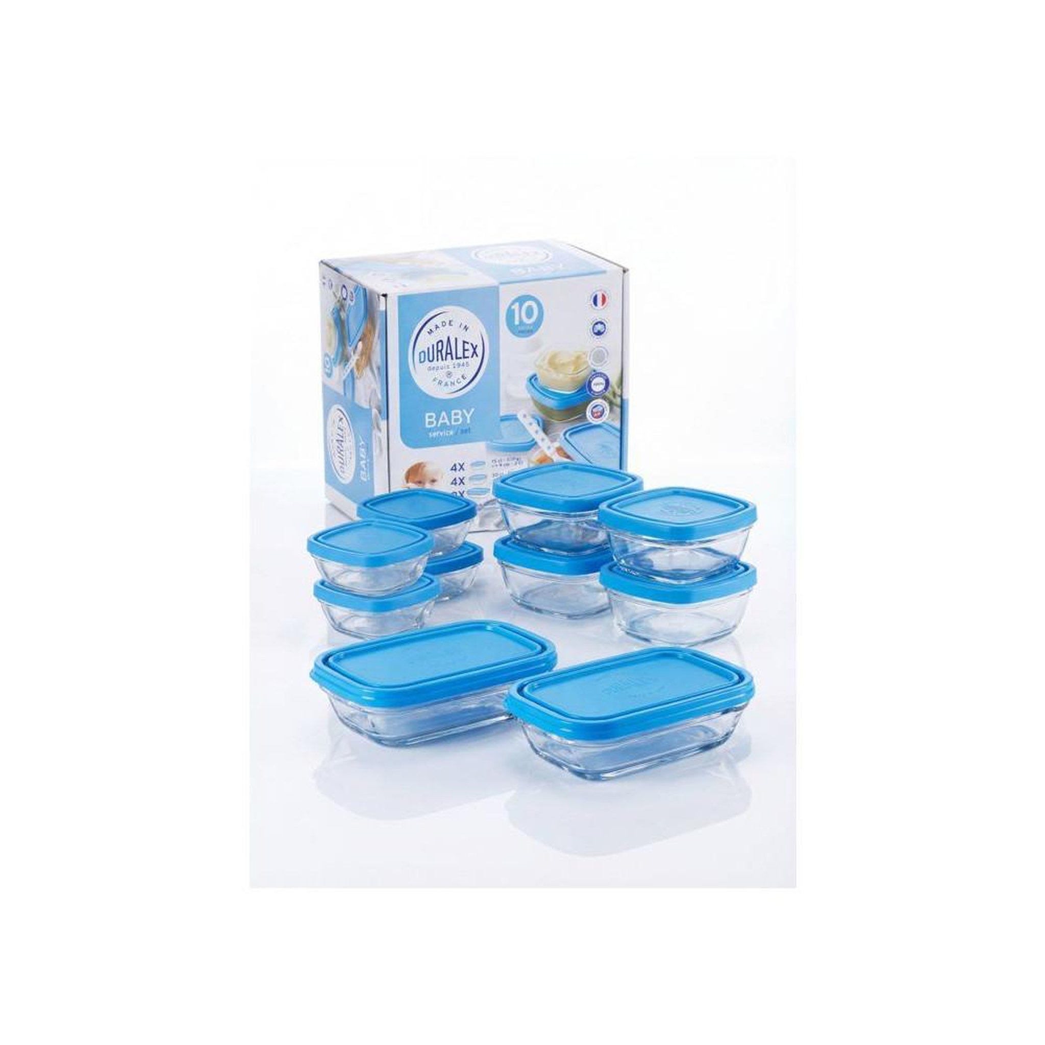 DURALEX Coffret repas bébé en verre trempé transparent avec couvercles bleus 10 pièces
