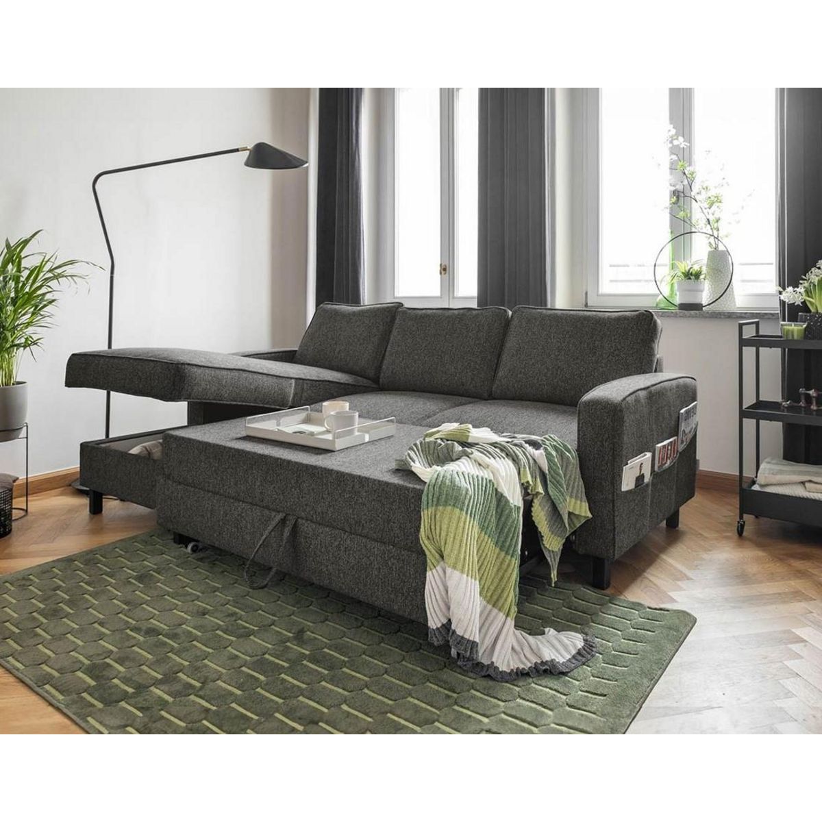 BEST MOBILIER Molly - canapé d'angle gauche 4 places convertible avec coffre en tissu