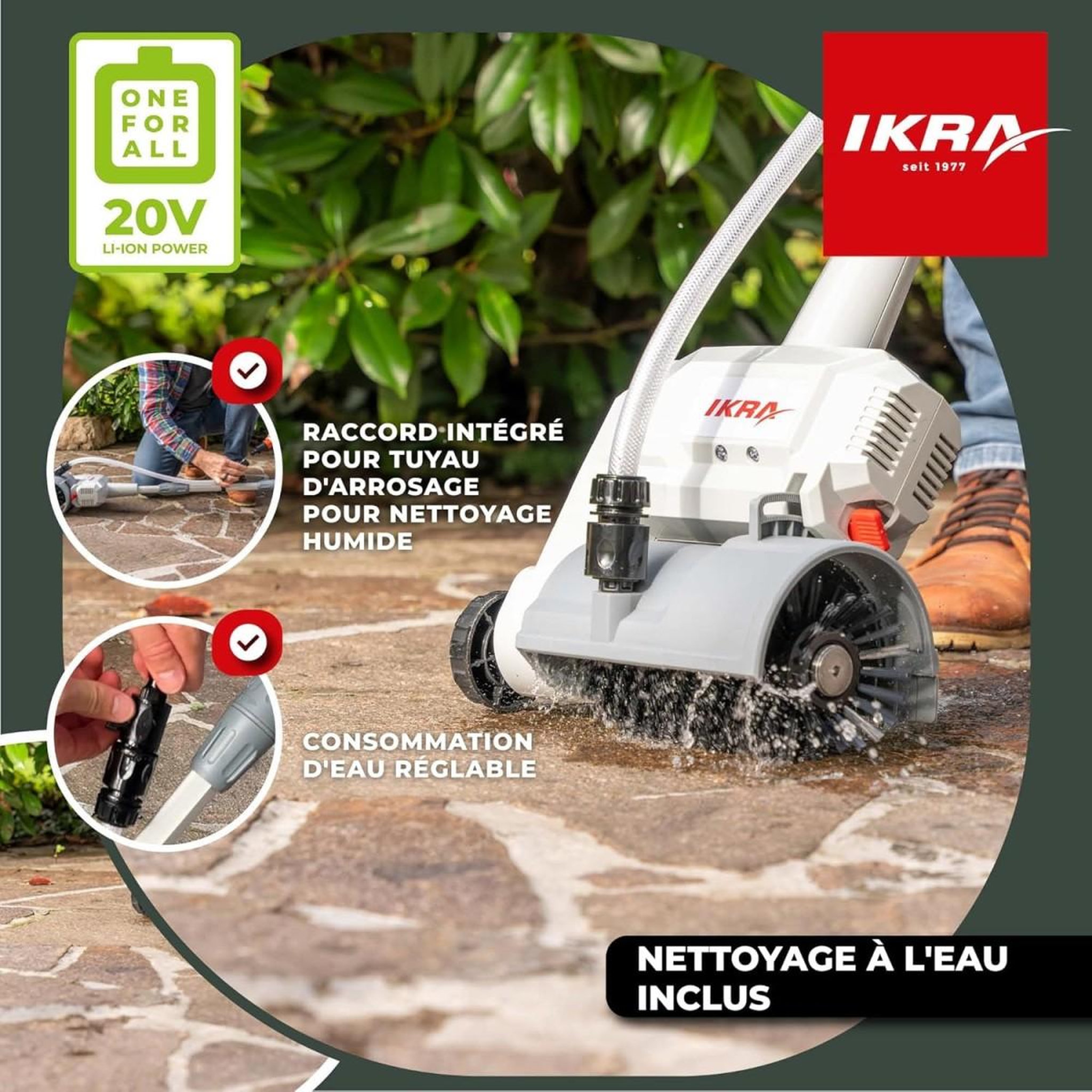 Voir la diapositive 3 : Ikra Nettoyeur de Terrasse sans fil Batterie 20V 2.0Ah Double brosses rotatives + Batterie & Chargeur Raccord tuyau d'eau IKRA