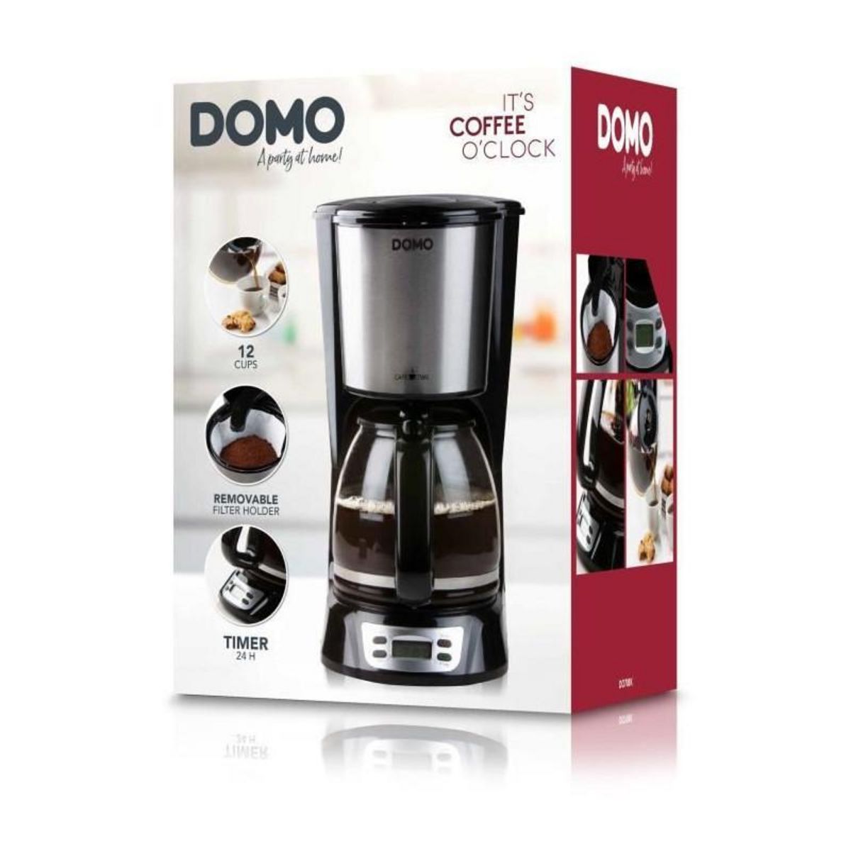 Domo Cafetiere Filtre - DOMO - DO708K - 1000 W - 1,5 L - 12 tasses - Ecran LCD - Minuteur 24 h - Noir et acier inoxydable