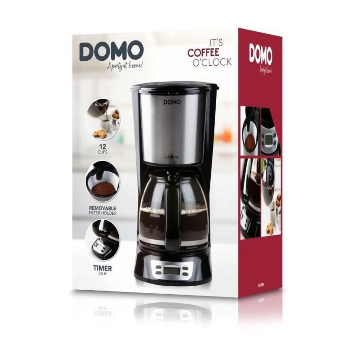 Domo Cafetiere Filtre - DOMO - DO708K - 1000 W - 1,5 L - 12 tasses - Ecran LCD - Minuteur 24 h - Noir et acier inoxydable