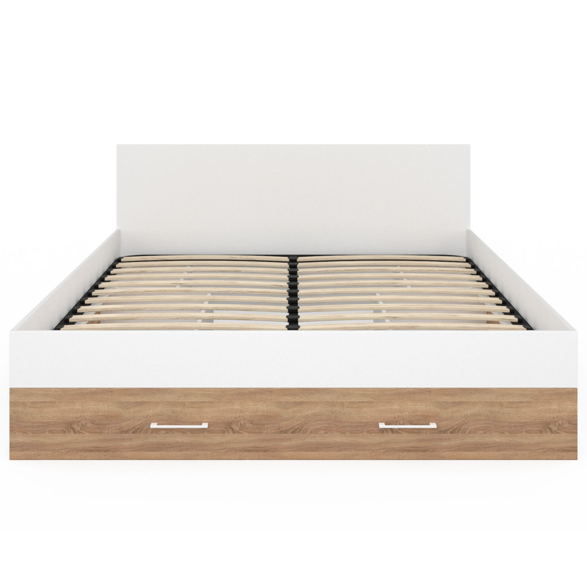 ID MARKET Lit double MINEA avec tiroirs + niches de rangement + tête de lit et sommier 140 x 190 cm façon hêtre et blanc