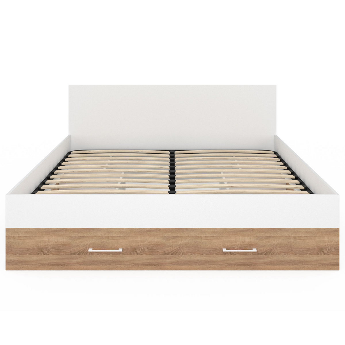 ID MARKET Lit double MINEA avec tiroirs + niches de rangement + tête de lit et sommier 140 x 190 cm façon hêtre et blanc