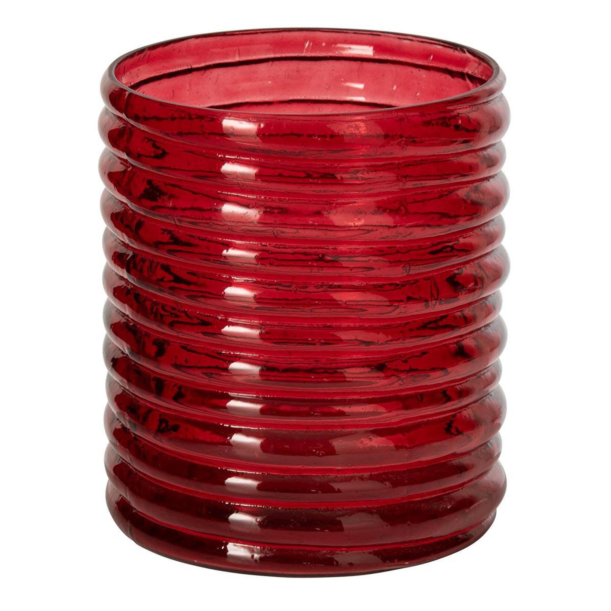 J-LINE Photophore Côtelé en Verre  Magnus  21cm Rouge