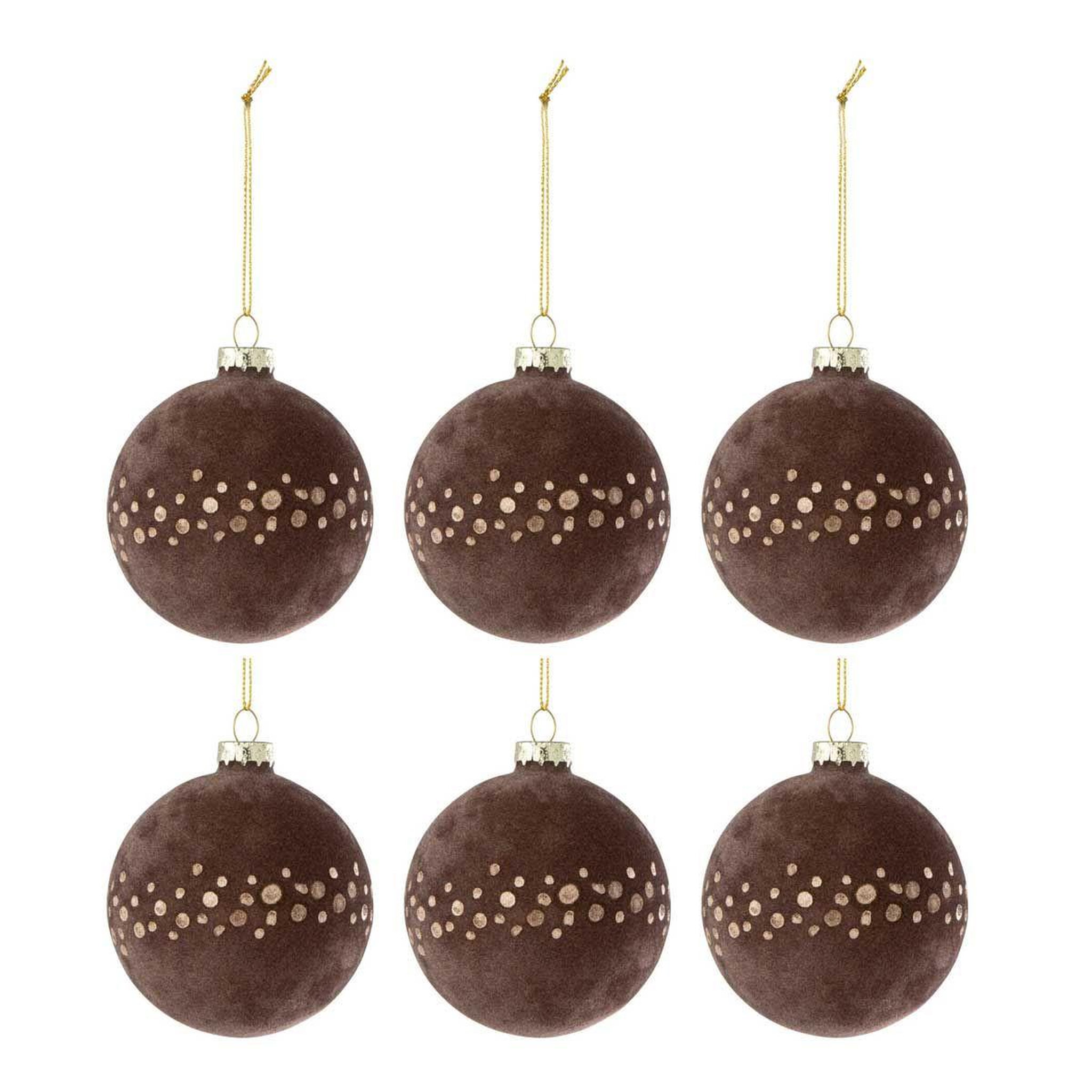 J-LINE Lot de 6 boules de noël velours  lita  8cm marron