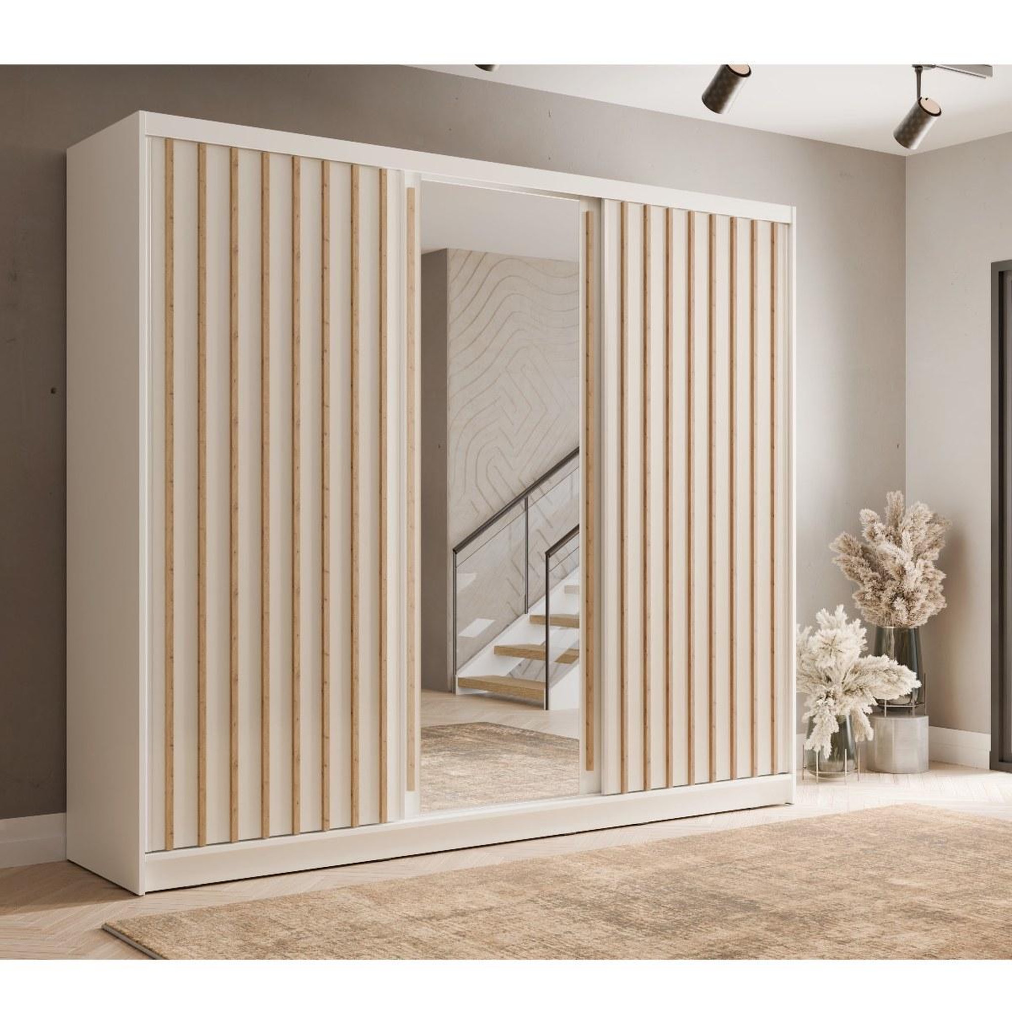 Voir la diapositive 2 : JLC KREATION Armoire dressing coulissante blanc et bois 250cm celia