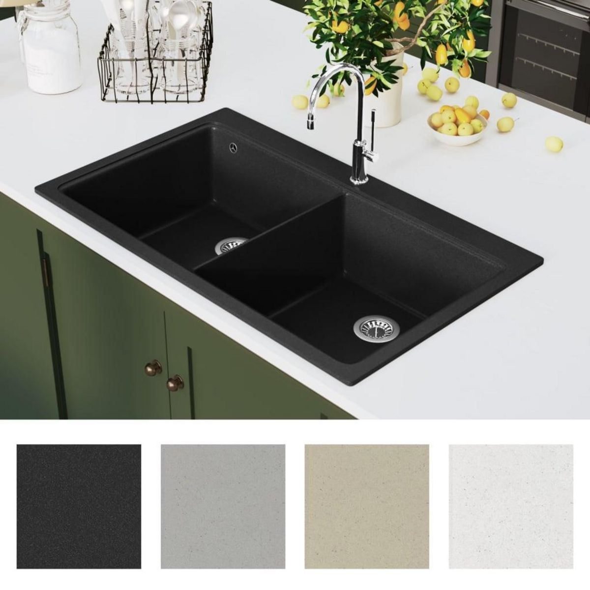 VIDAXL Evier de cuisine encastrable a 2 bacs en granite noir