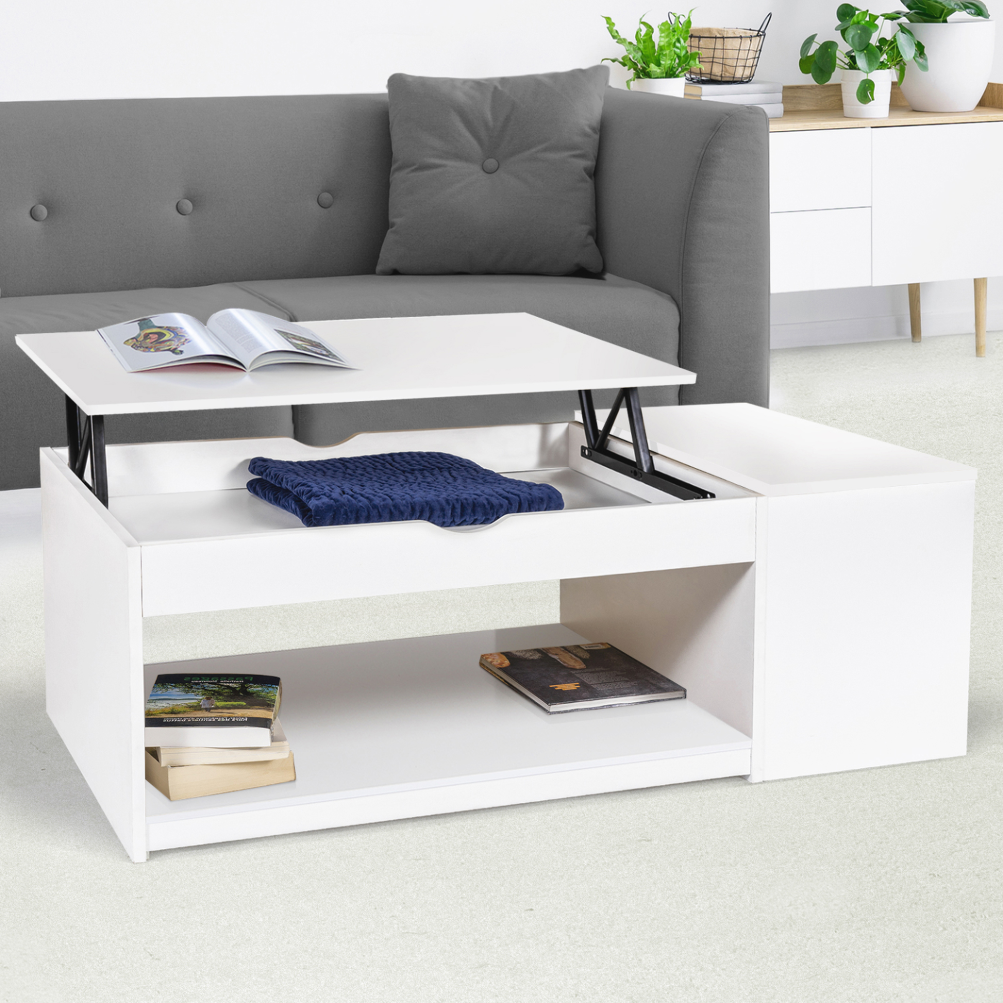 Voir la diapositive 2 : ID MARKET Table basse plateau relevable rectangulaire elea avec coffre bois blanc