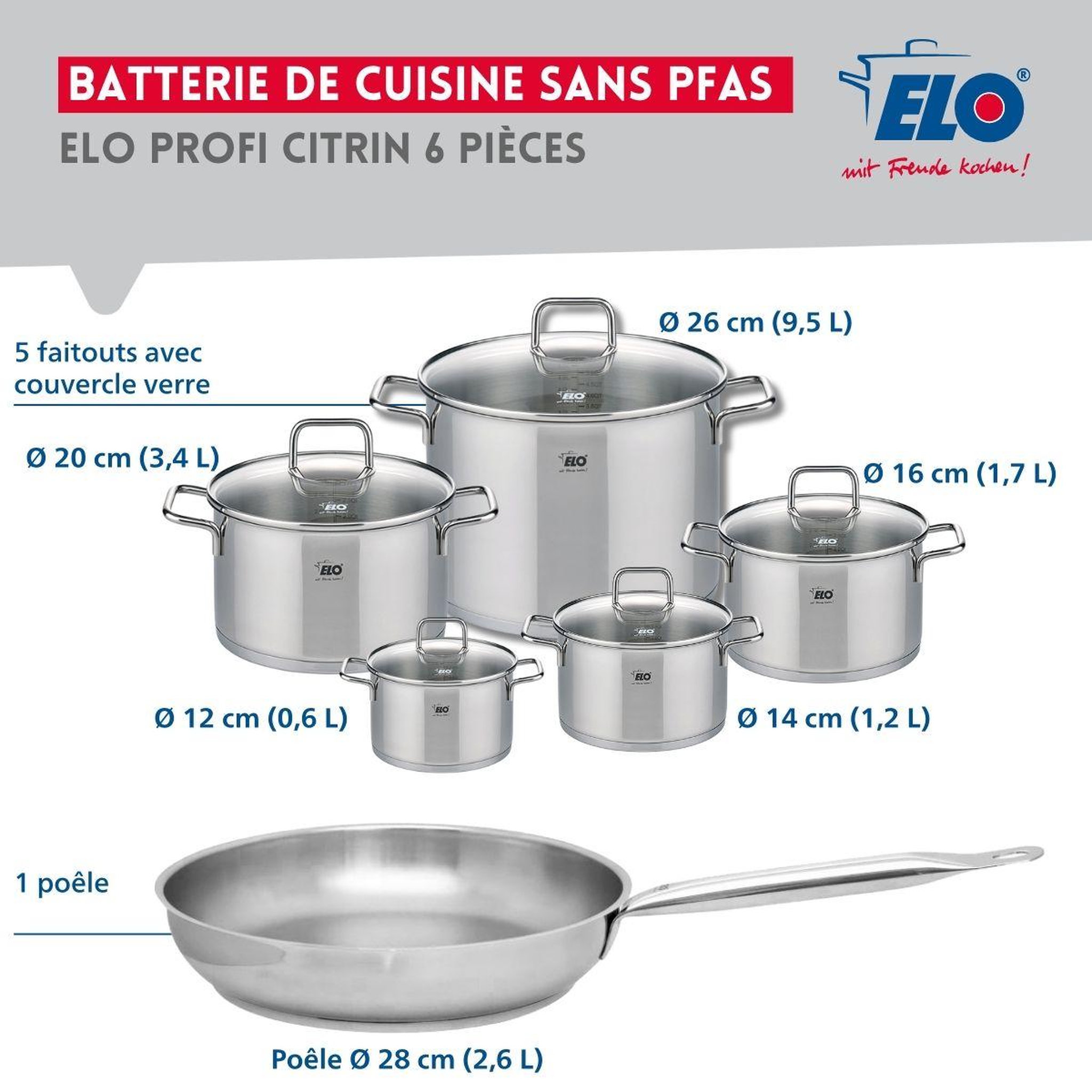 Voir la diapositive 2 : ELO Ensemble de 1 poêle de cuisson 28 cm et 5 faitouts 12, 14, 16, 20 et 26 cm elo profi citrin