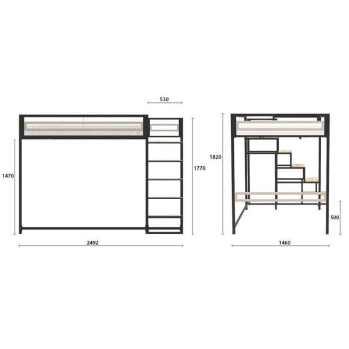 MARKET24 Lit mezzanine LEON - 140x190 cm - Métal noir - Sommier inclus