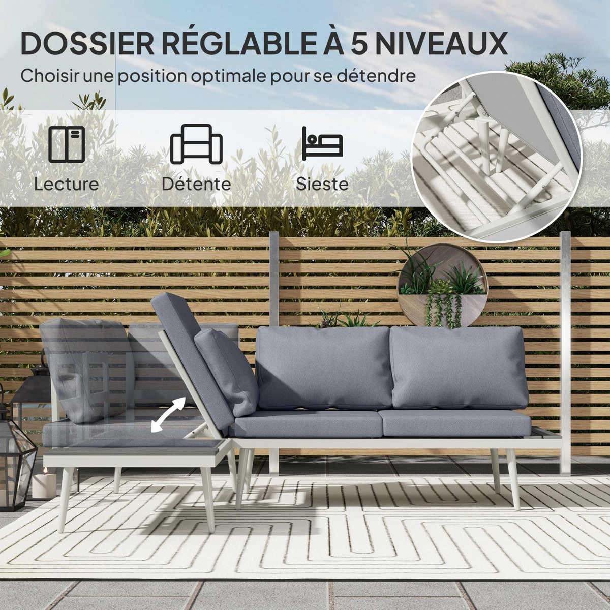 OUTSUNNY Ensemble salon de jardin modulable 4 personnes 3 pièces design métal crème coussins gris