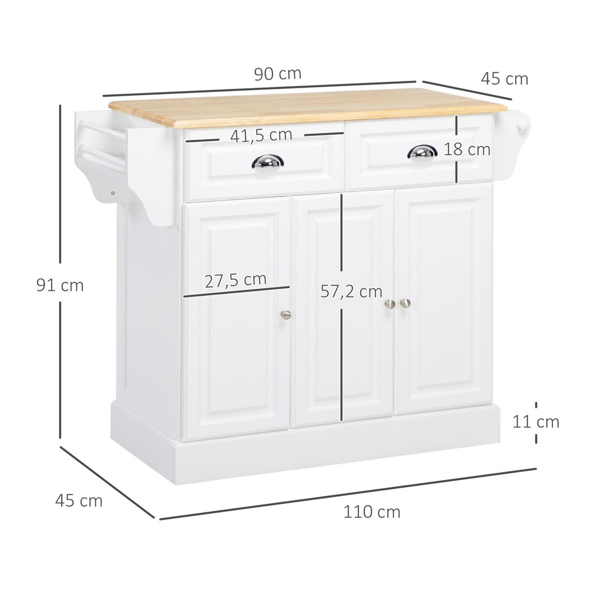 HOMCOM Îlot de cuisine desserte à roulettes - 2 tiroirs, 3 portes, porte-serviette, porte-épices - dim. 110L x 45l x 91H cm - blanc bois
