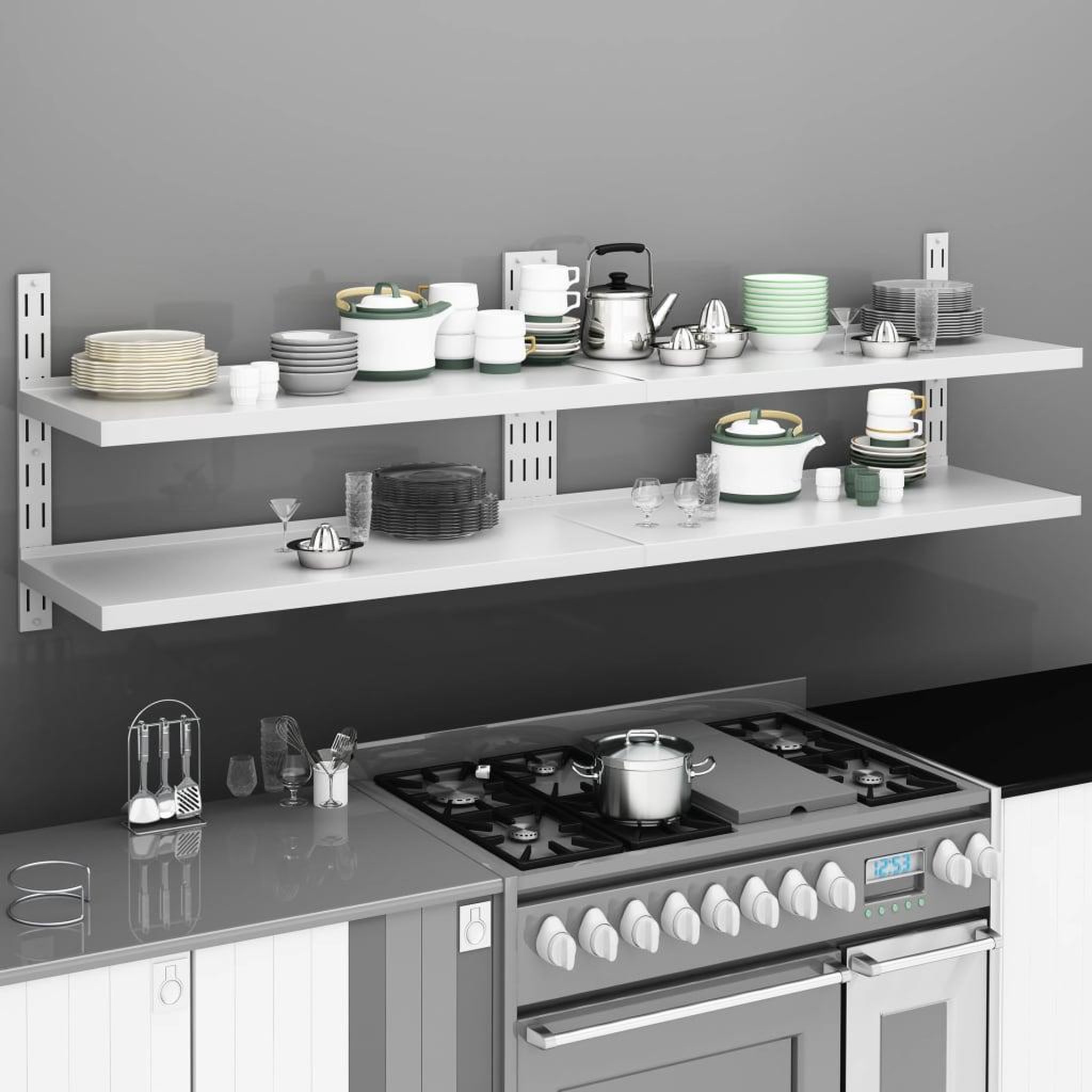 Voir la diapositive 1 : VIDAXL Etageres murales flottantes a 2 niveaux 2 pcs Inox 200x30 cm