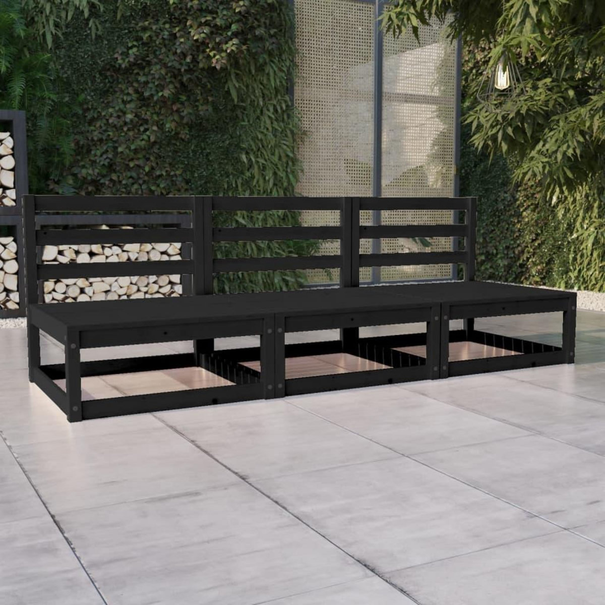 VIDAXL Canape a 3 places de jardin Noir Bois de pin solide