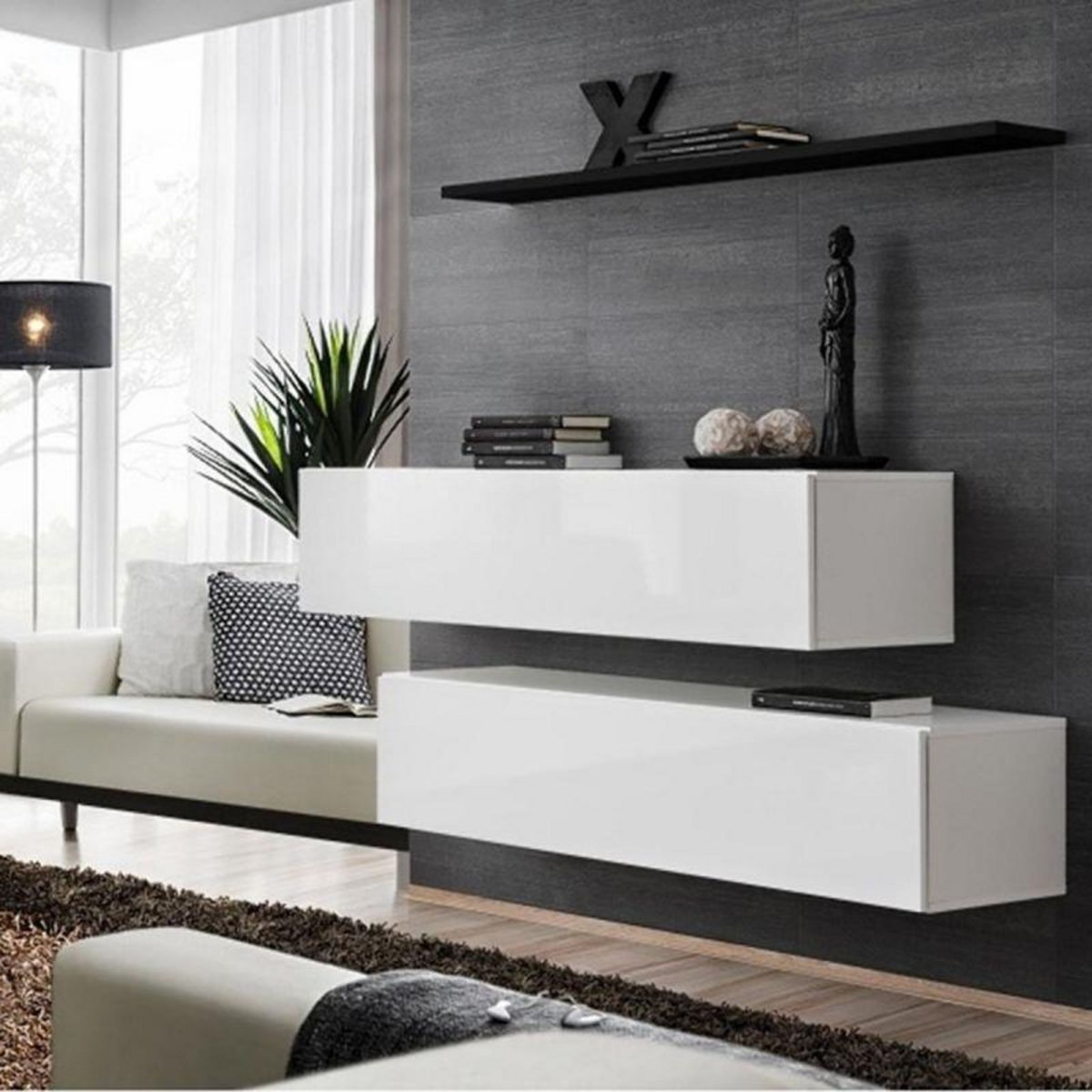 Paris Prix Lot de 2 Bancs Muraux Blanc & Étagère  Switch SBII  130cm Blanc