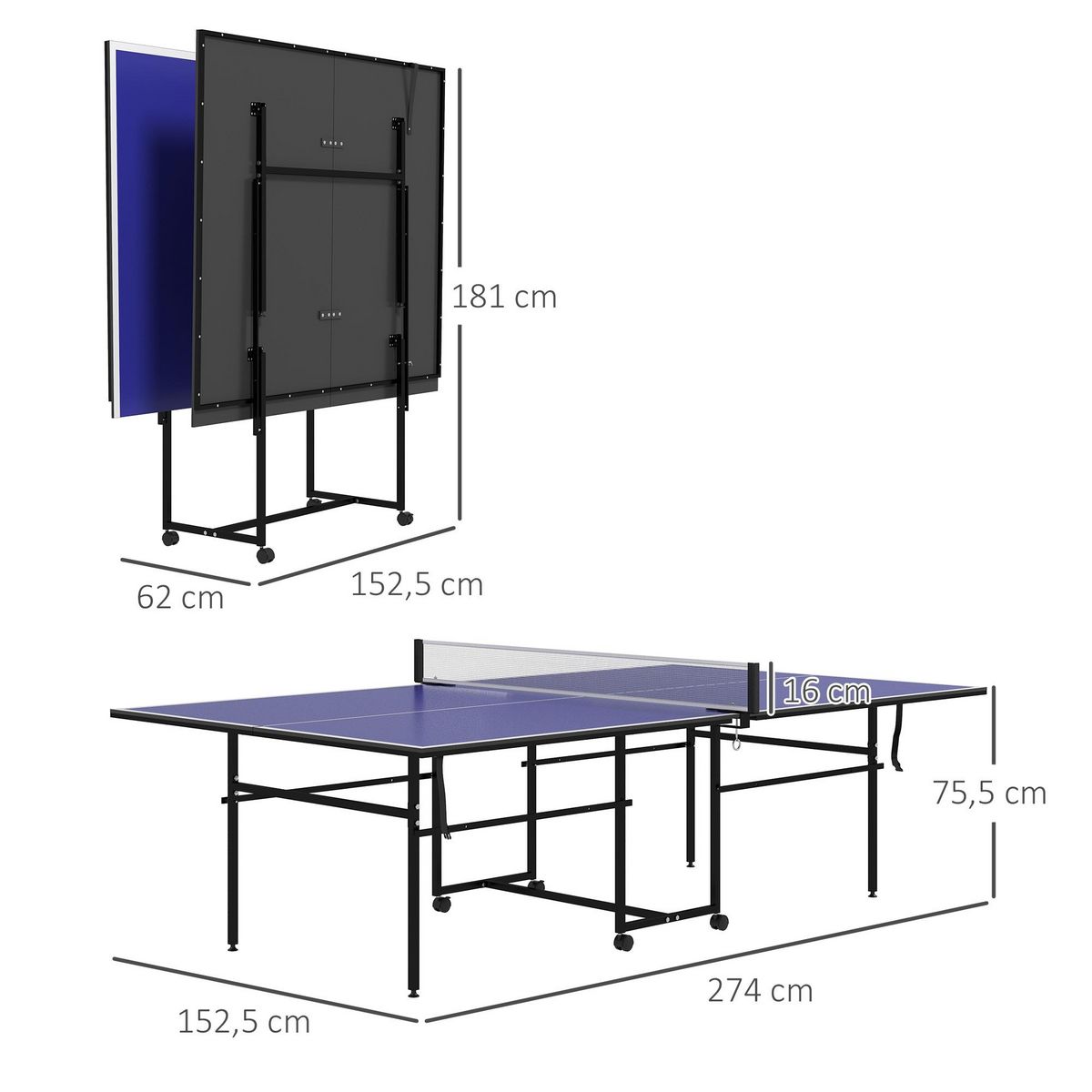 HOMCOM Table de ping-pong pliable compacte avec 4 roulettes bleu