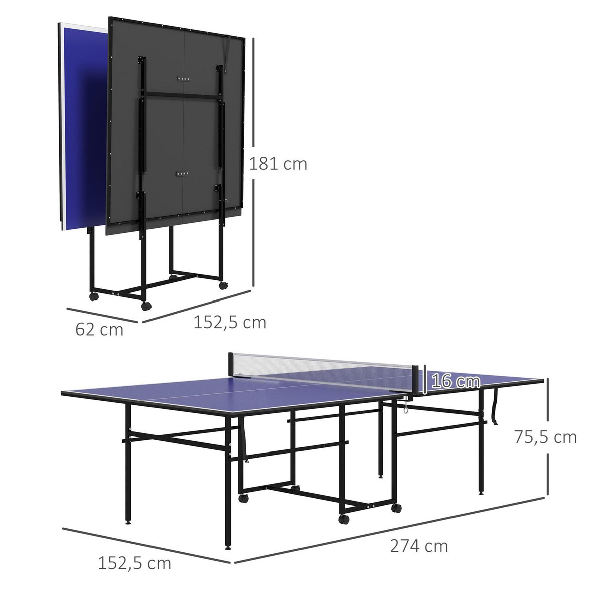 HOMCOM Table de ping-pong pliable compacte avec 4 roulettes bleu