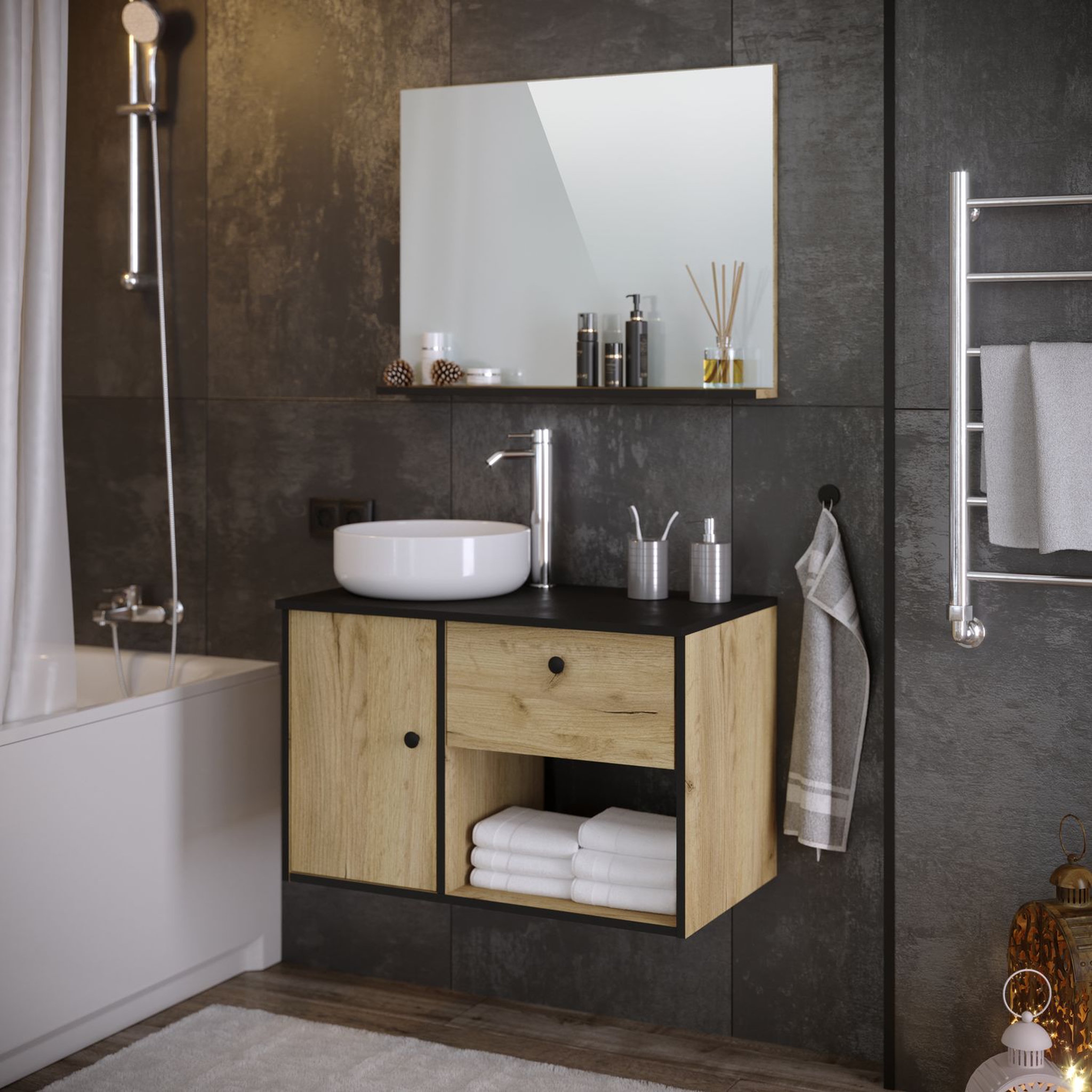Voir la diapositive 5 : Meuble salle de bain avec vasque et miroir L80cm LURDES