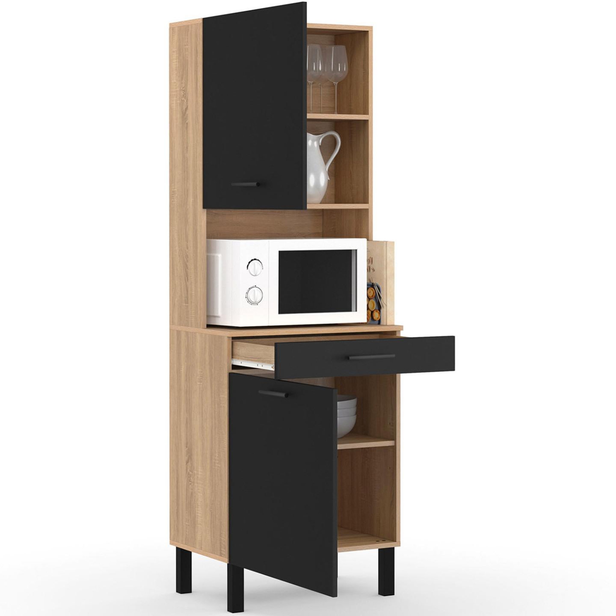 Voir la diapositive 4 : ID MARKET Buffet de cuisine 60 cm cina 2 portes + tiroir façon hêtre et noir