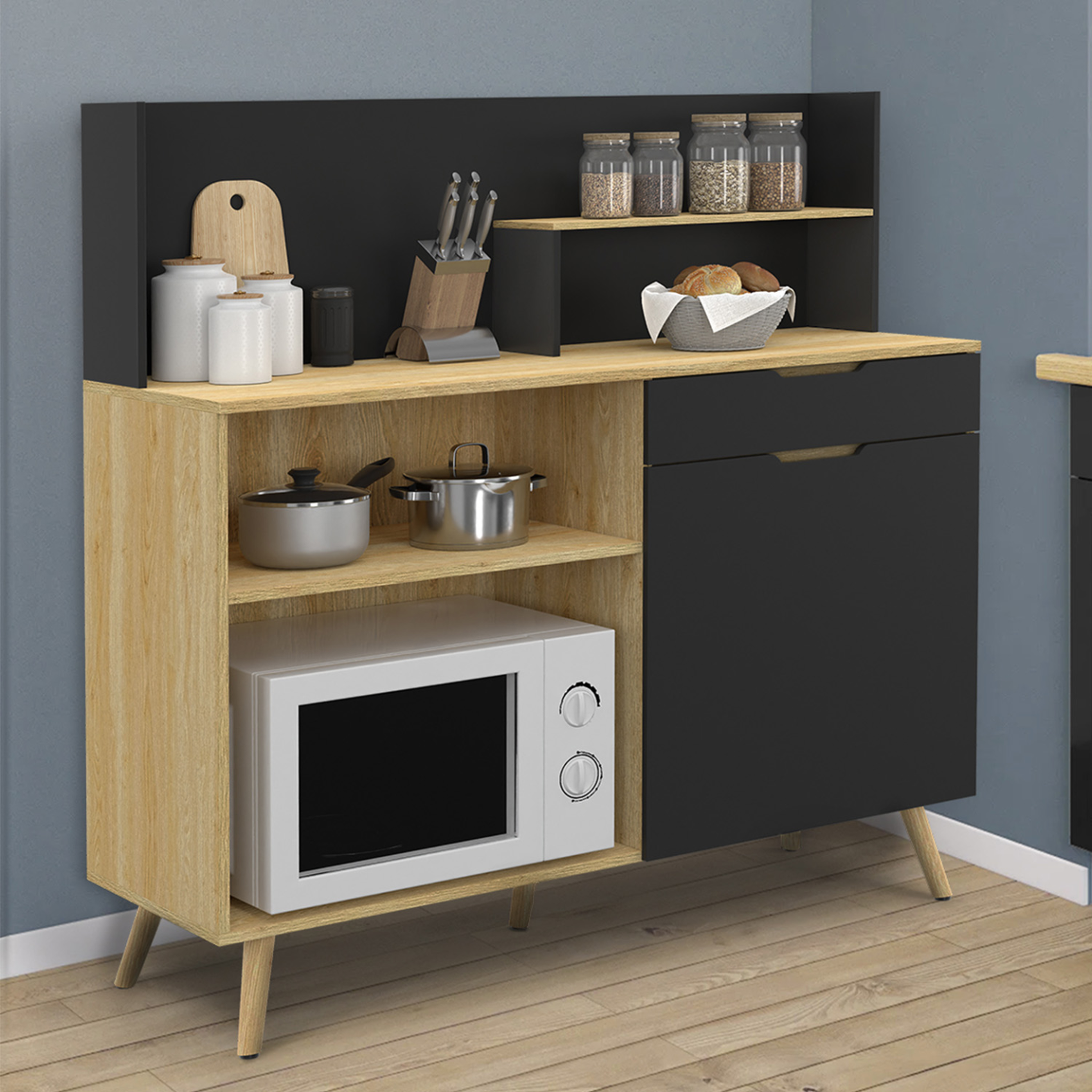 Voir la diapositive 2 : ID MARKET Buffet bas de cuisine 120 cm olaf plan de travail h.83 cm 1 porte + 1 tiroir façon hêtre et noir