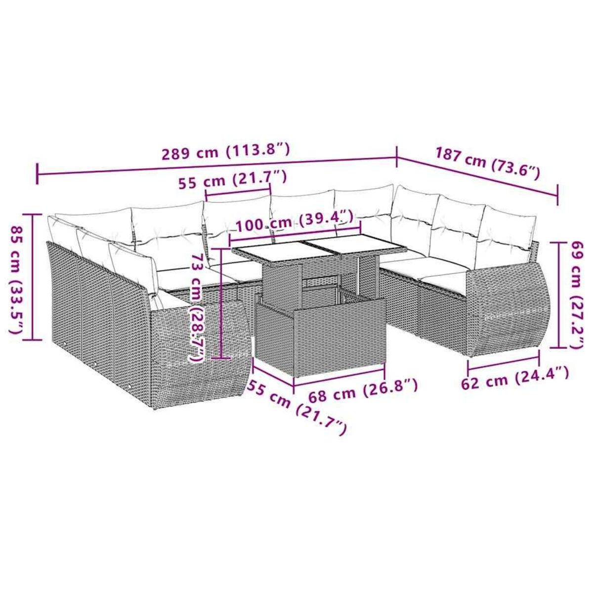 VIDAXL Salon de jardin 10 pcs avec coussins noir resine tressee