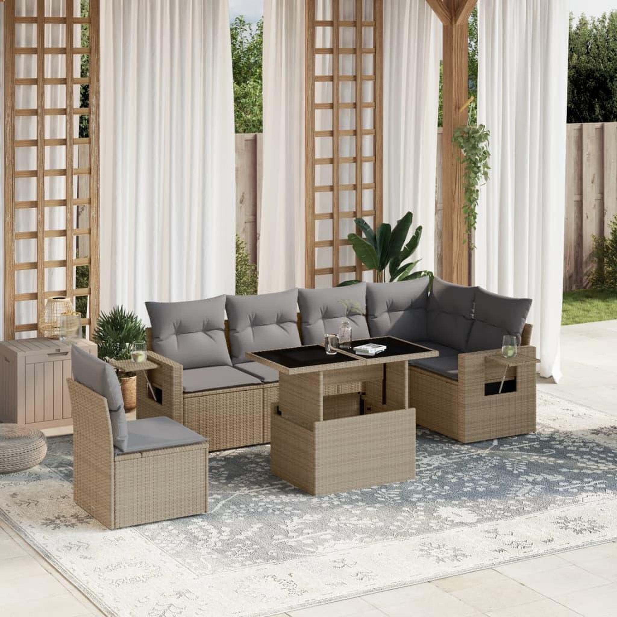 VIDAXL Salon de jardin avec coussins 7 pcs beige resine tressee