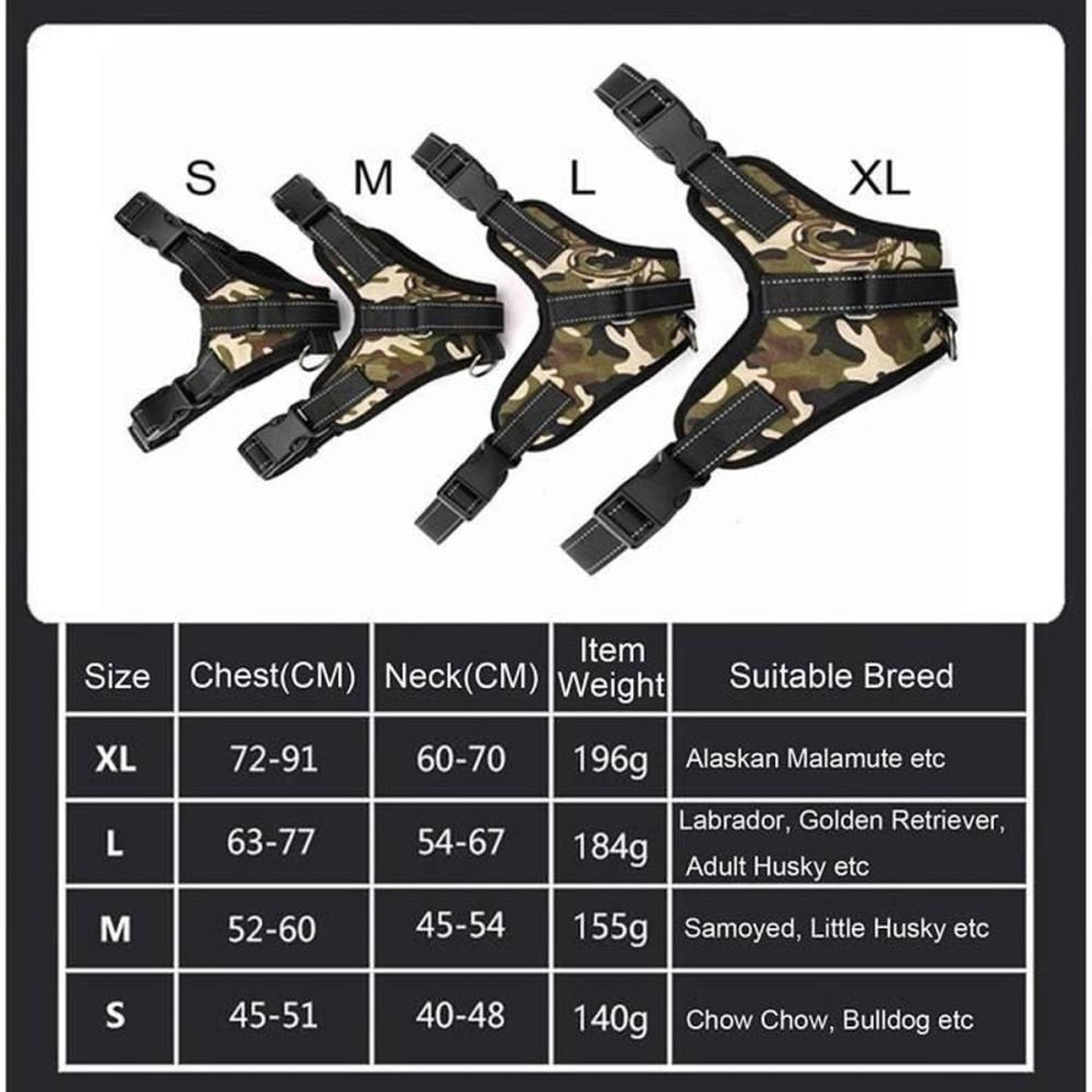 Voir la diapositive 2 : Harnais pour chien camouflage Oxford rembourré anti-étouffement, réglable sans traction, coutures réfléchissantes, boucles rapides et anneaux métalliques