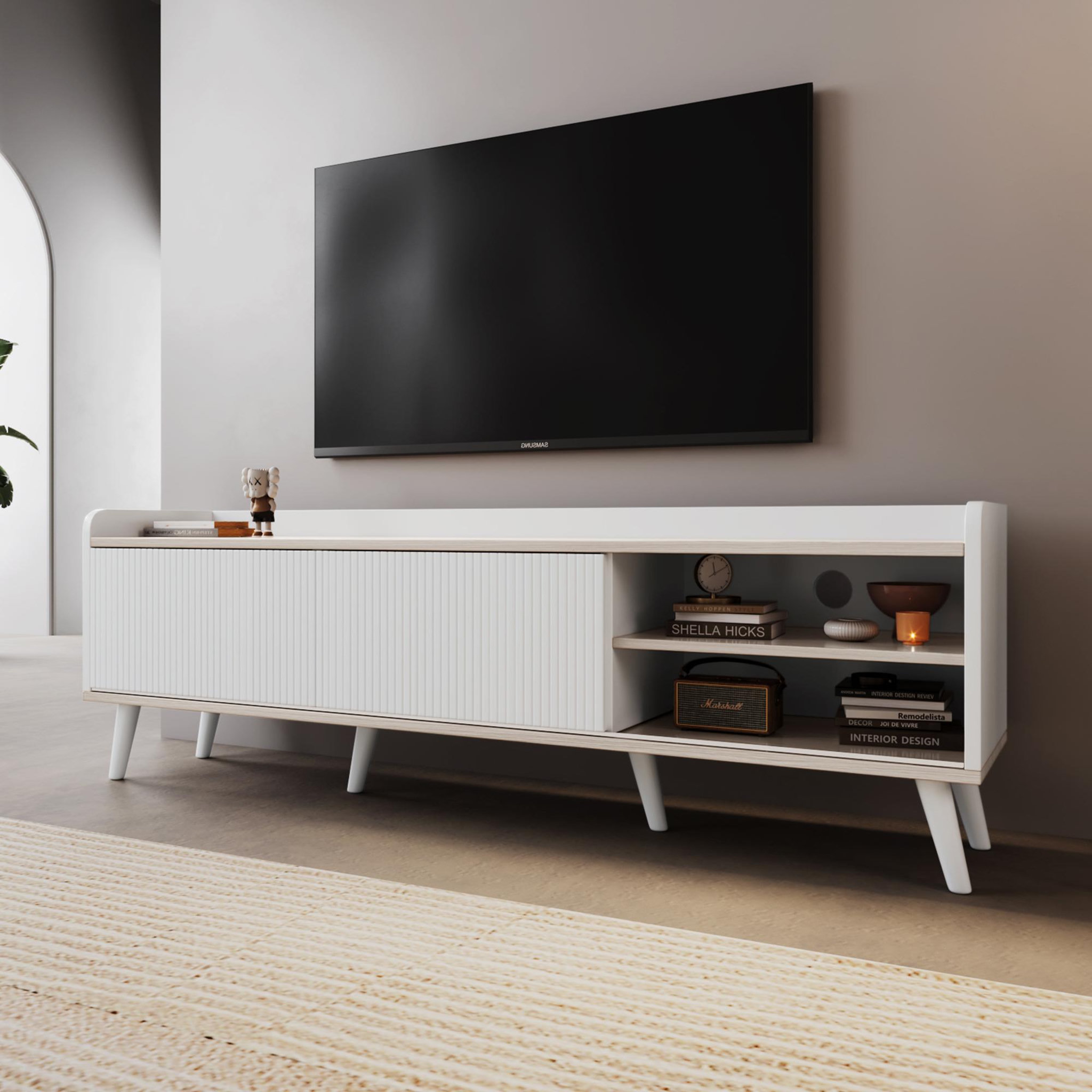 Voir la diapositive 4 : MERAX Meuble tv blanc 160cm panneaux de particules