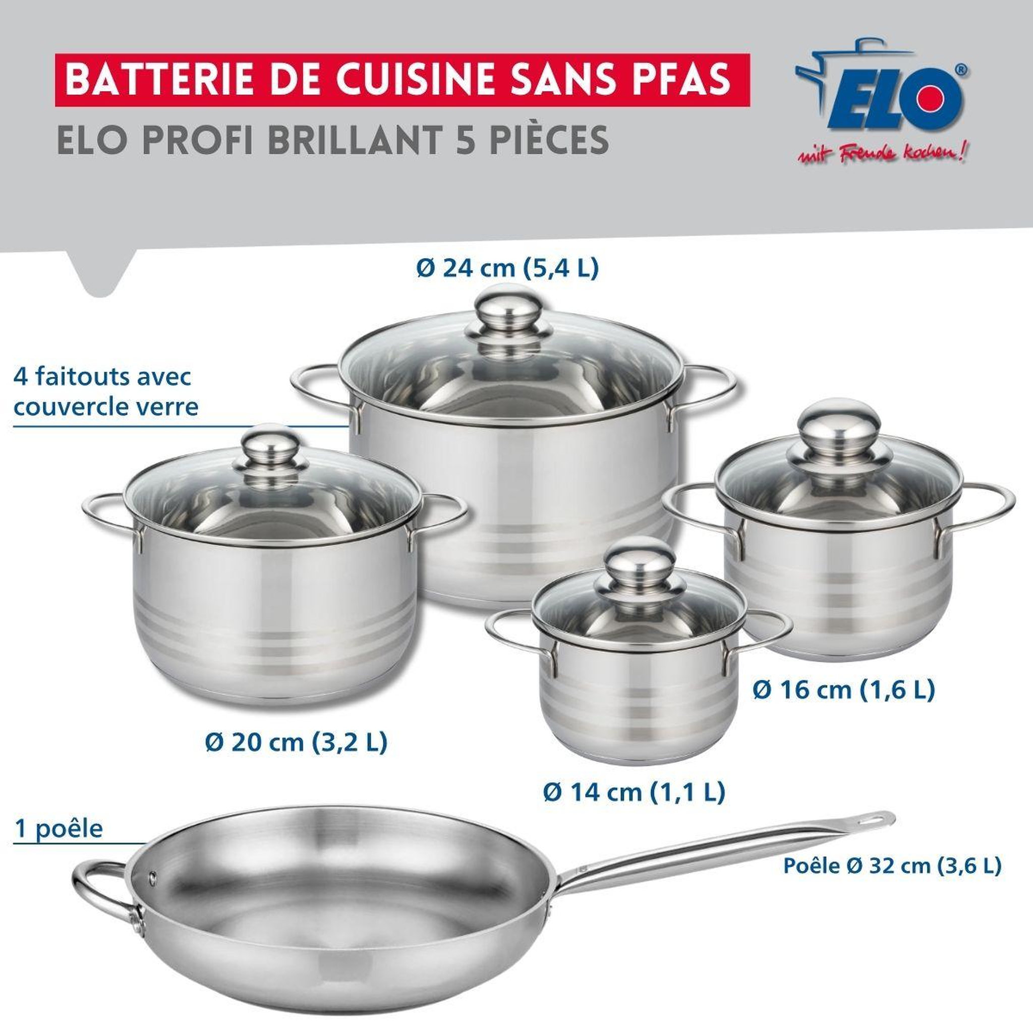 Voir la diapositive 2 : ELO Ensemble de 1 poêle de cuisson 32 cm et 4 faitouts 14, 16, 20 et 24 cm elo profi brillant