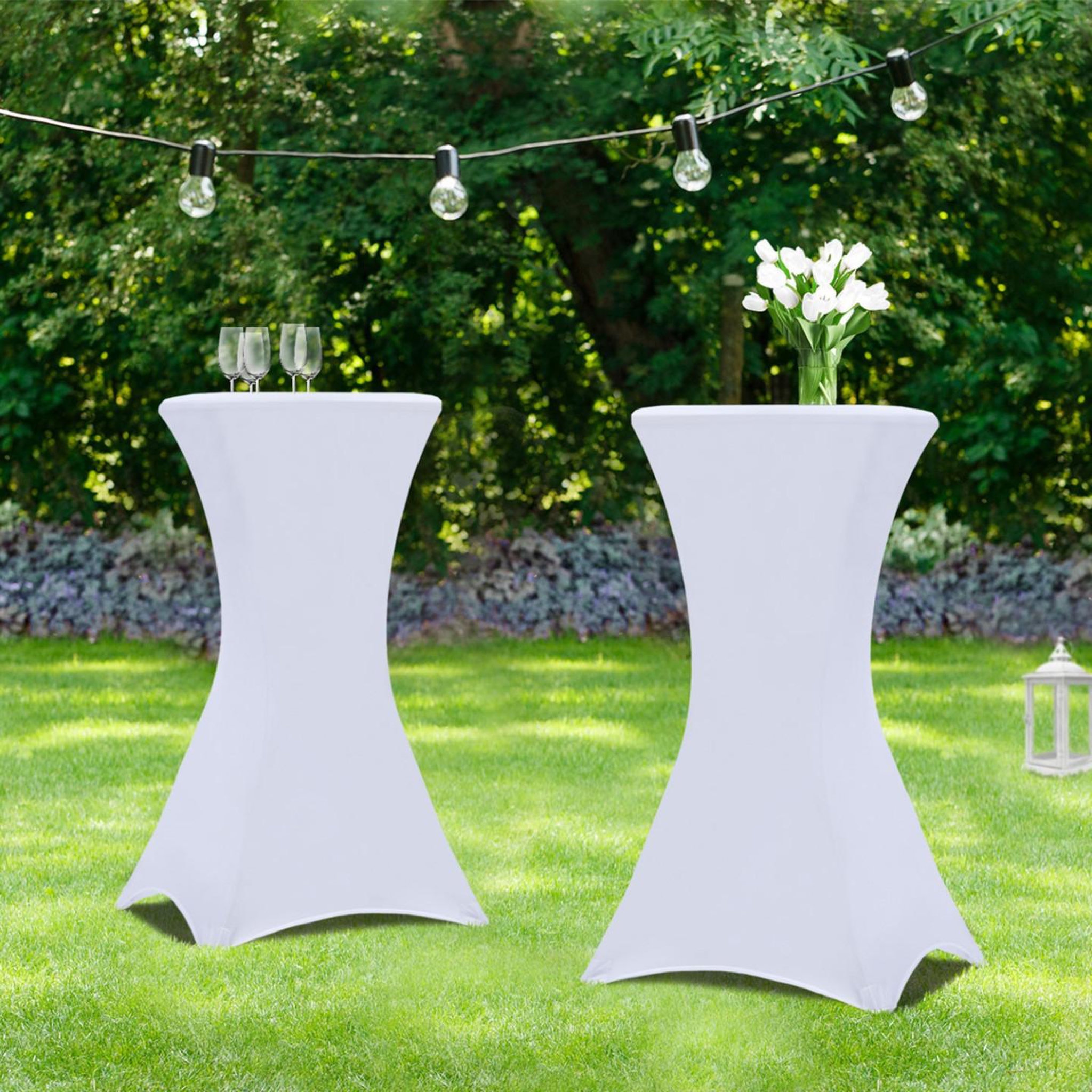 Voir la diapositive 2 : ID MARKET Lot de 2 tables hautes pliantes 105 cm et 2 housses blanches