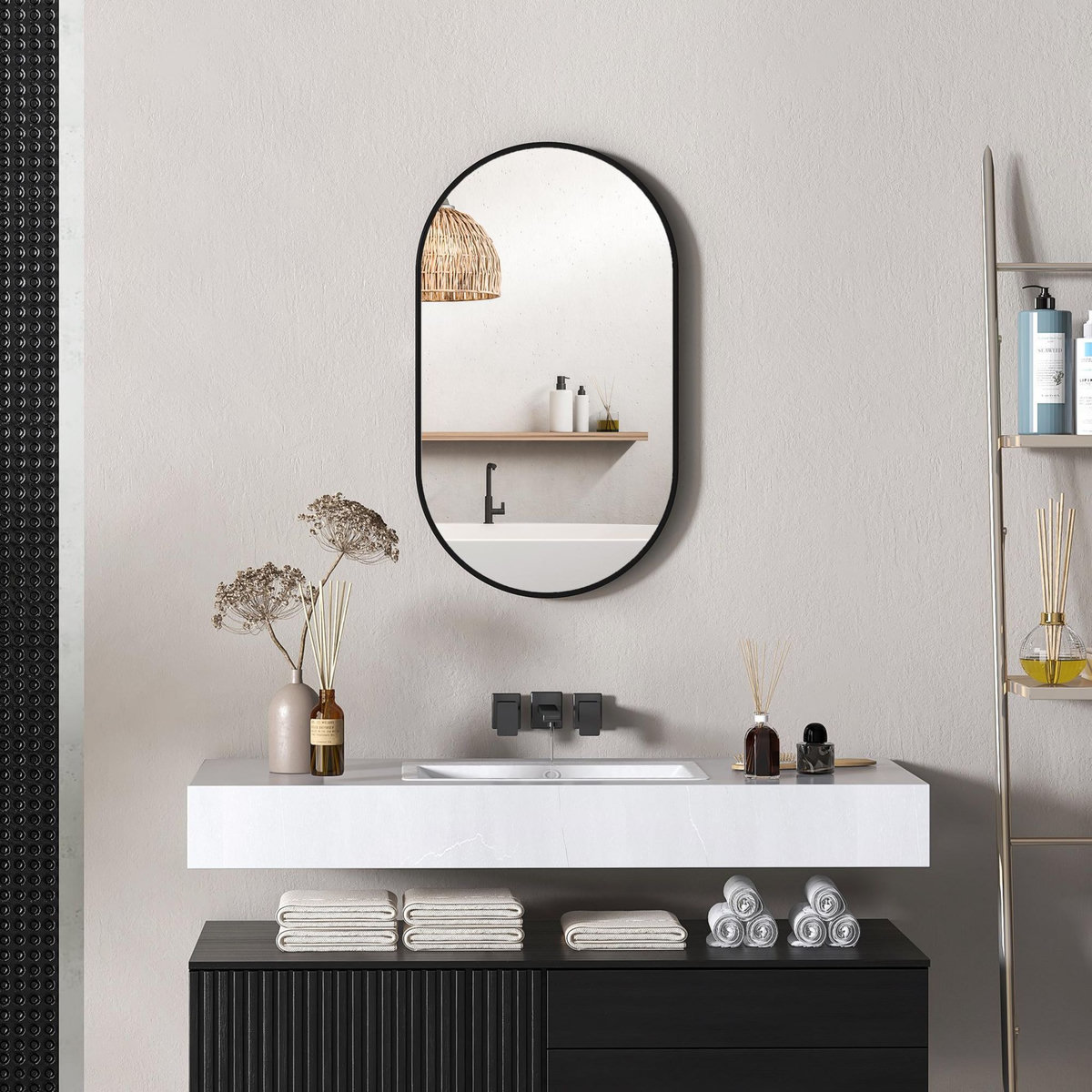 HOMCOM Miroir mural ovale dim. 40L x 70H cm cadre arrondi montage vertical/horizontal alu. noir