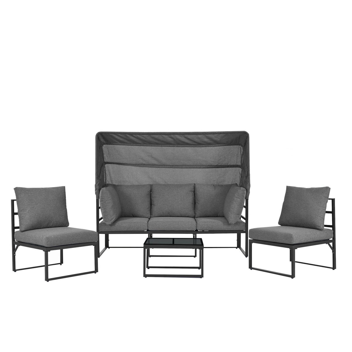 MERAX Salon de jardin 5 places en fer avec table auvent, coussins polyester qualité, gris
