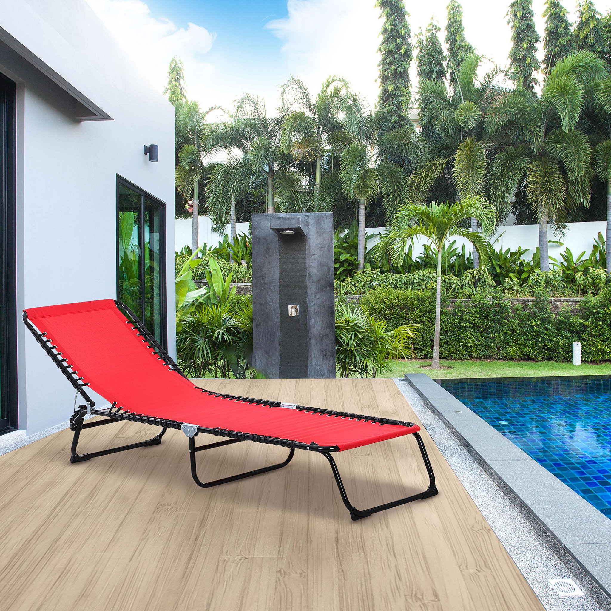 Voir la diapositive 2 : OUTSUNNY Bain de soleil transat pliable dossier inclinable multi-positions acier thermoplastique lacets élastiques noir textilène rouge