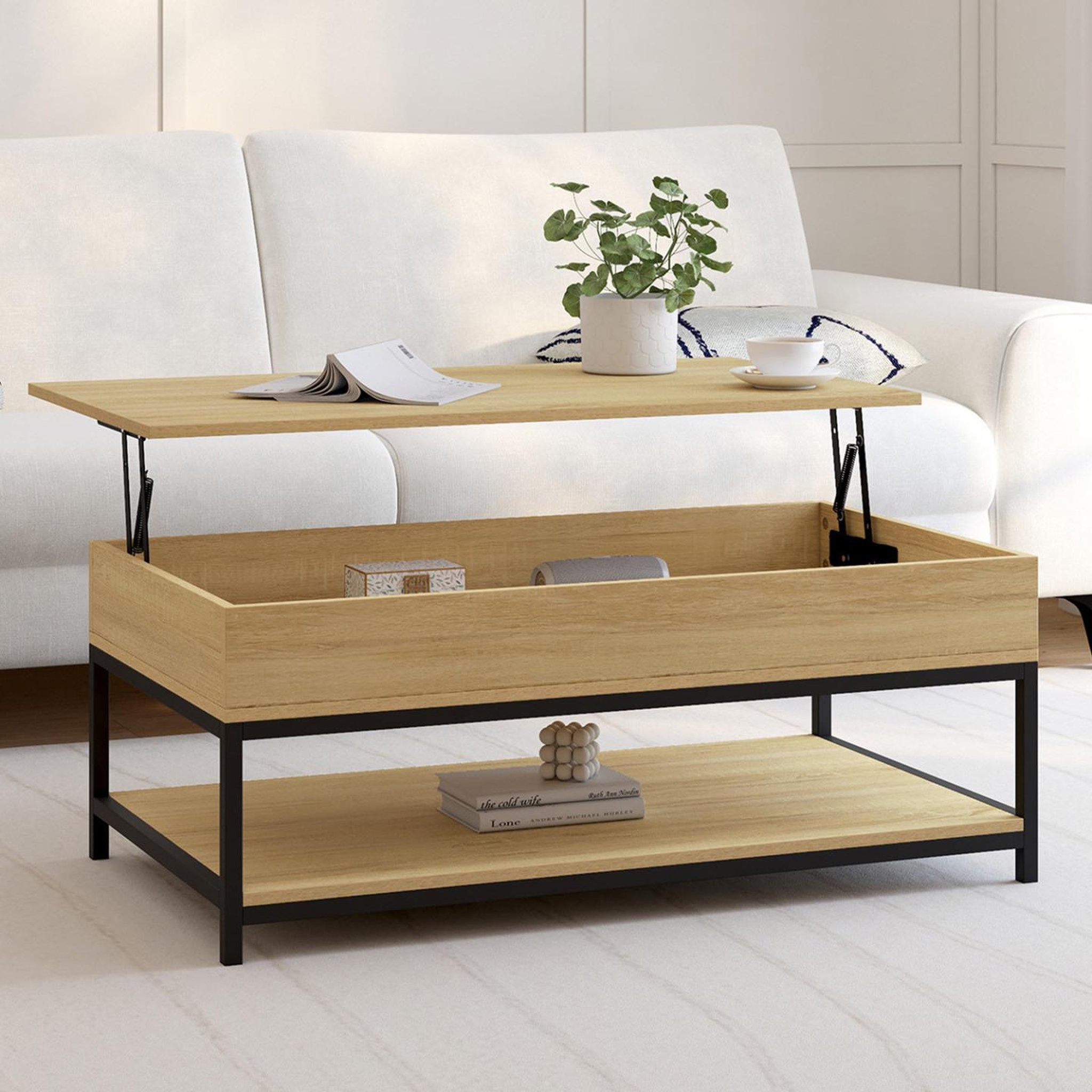 Voir la diapositive 2 : ID MARKET Table basse plateau relevable rectangulaire detroit 100 cm et étagère inférieure design industriel