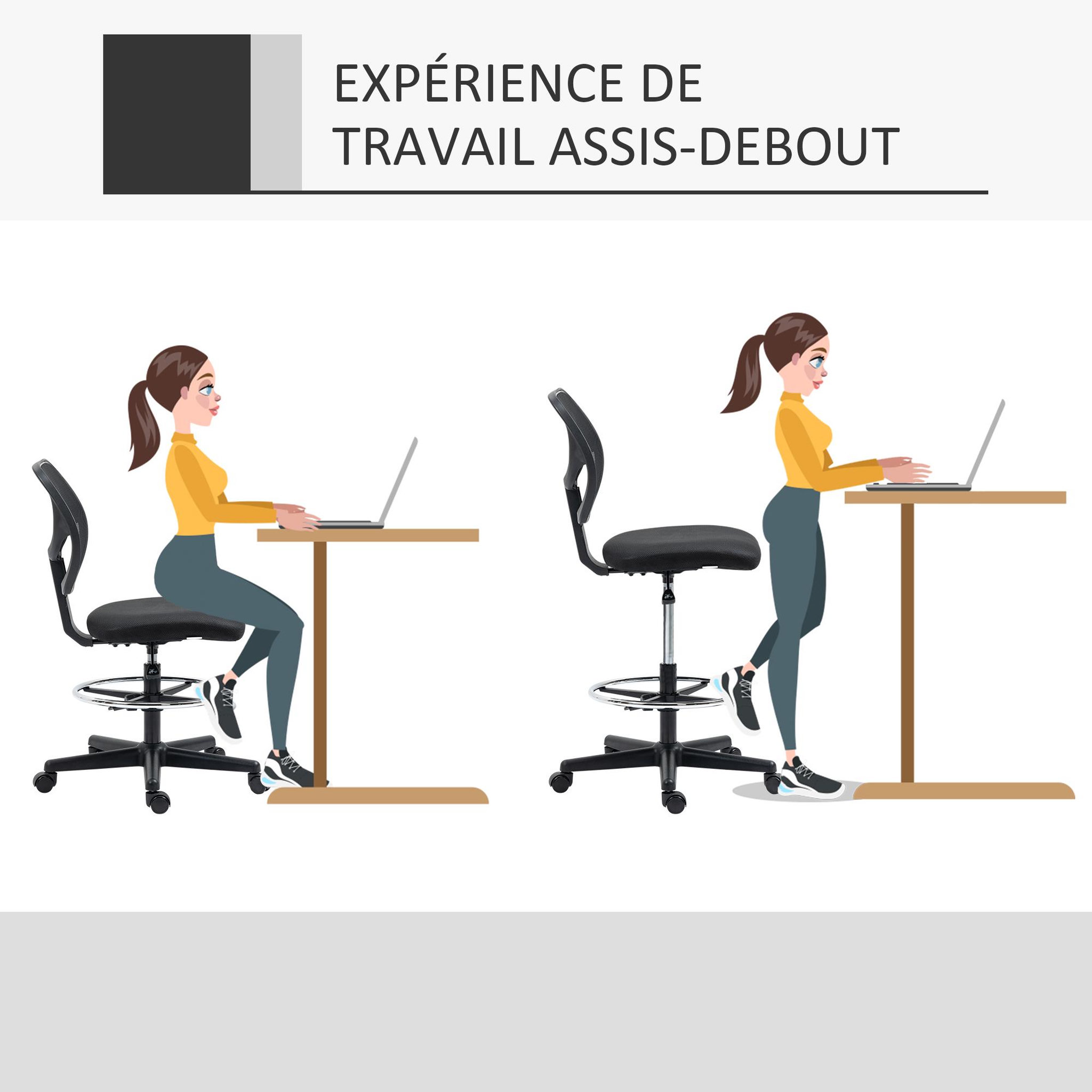 Voir la diapositive 4 : VINSETTO Chaise de bureau assise haute réglable dim. 59L x 61l x 93-113H cm pivotant 360° tissu maille respirante noir