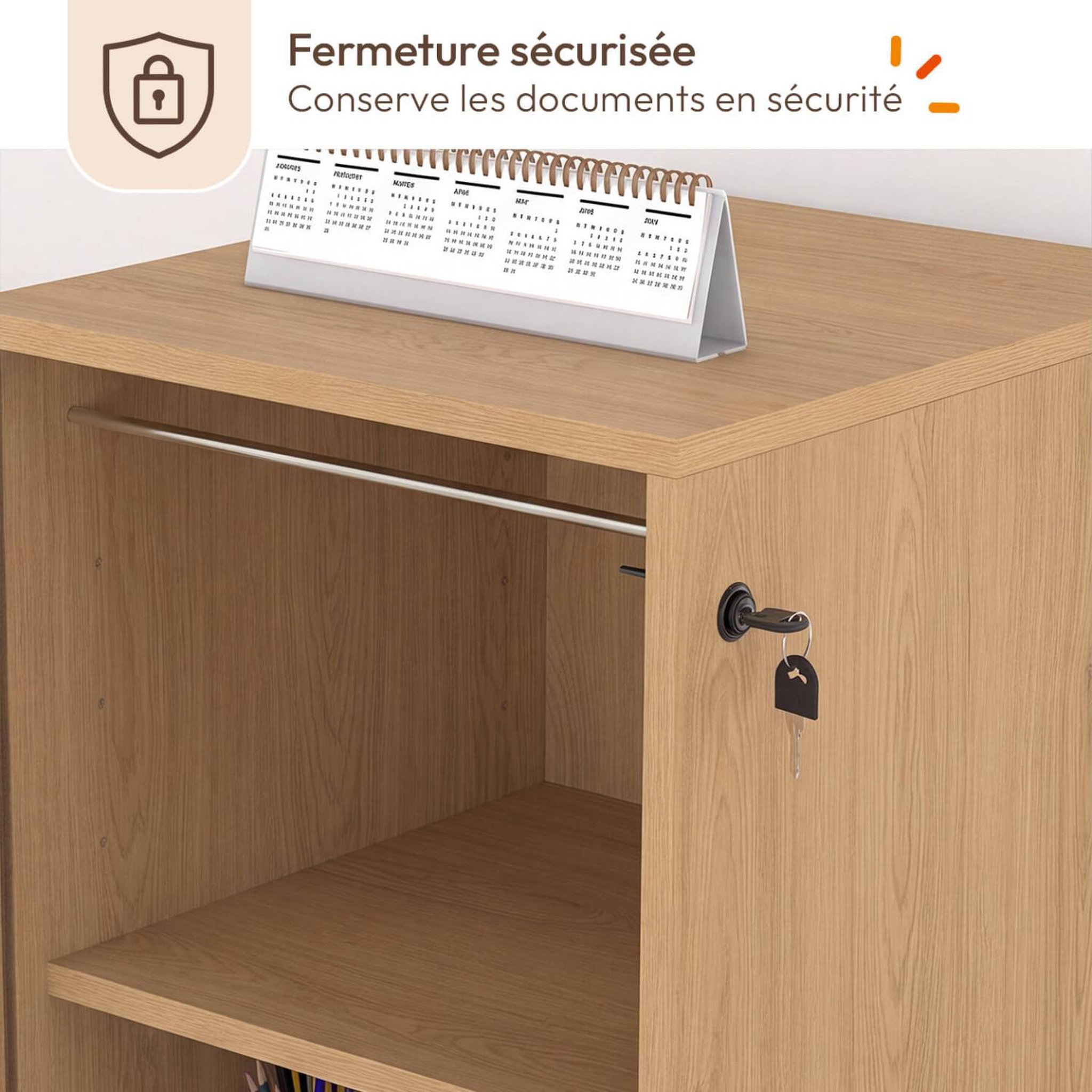 Voir la diapositive 6 : ID MARKET Meuble classeur à rideau verrouillable 4 tablettes H.110 cm blanc et bois