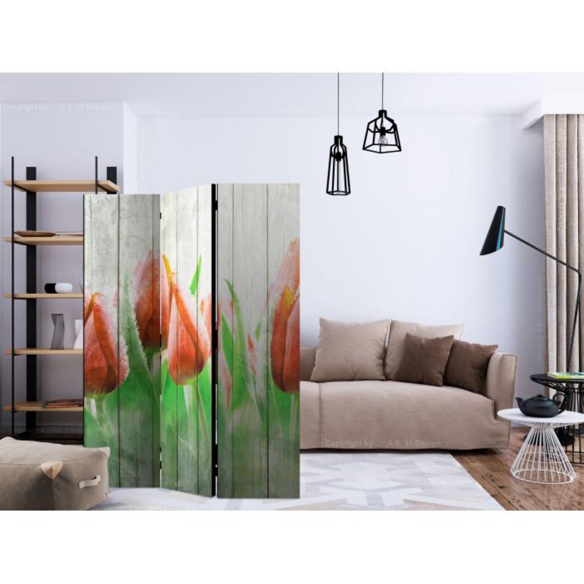 Paris Prix Paravent 3 Volets  Red Tulips on Wood  135x172cm