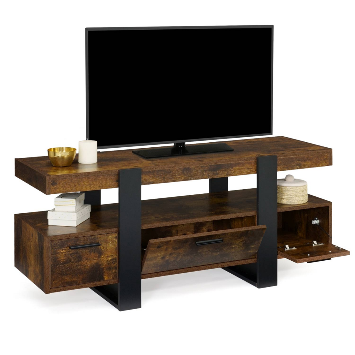 ID MARKET Meuble TV 116 cm PHOENIX avec tiroirs bois effet vieilli et noir