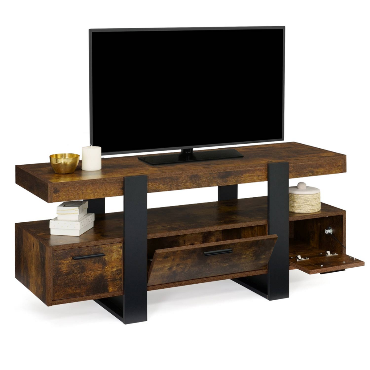 ID MARKET Meuble TV 116 cm PHOENIX avec tiroirs bois effet vieilli et noir