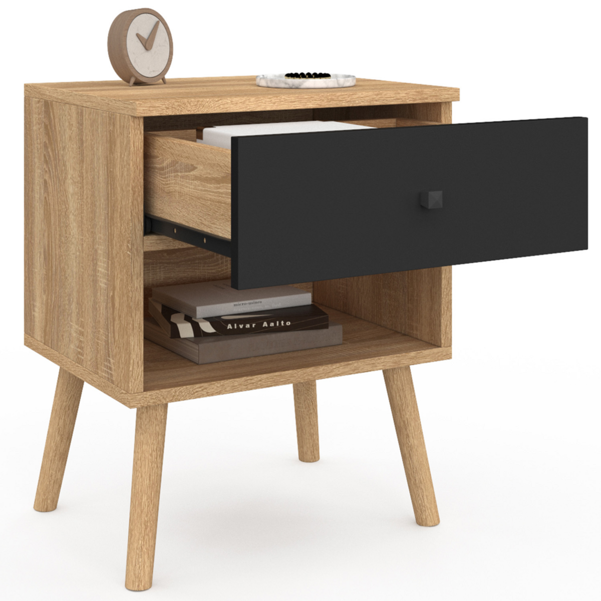 ID MARKET Lot de 2 tables de chevet EMMIE scandinaves 1 tiroir avec niche hêtre et noir