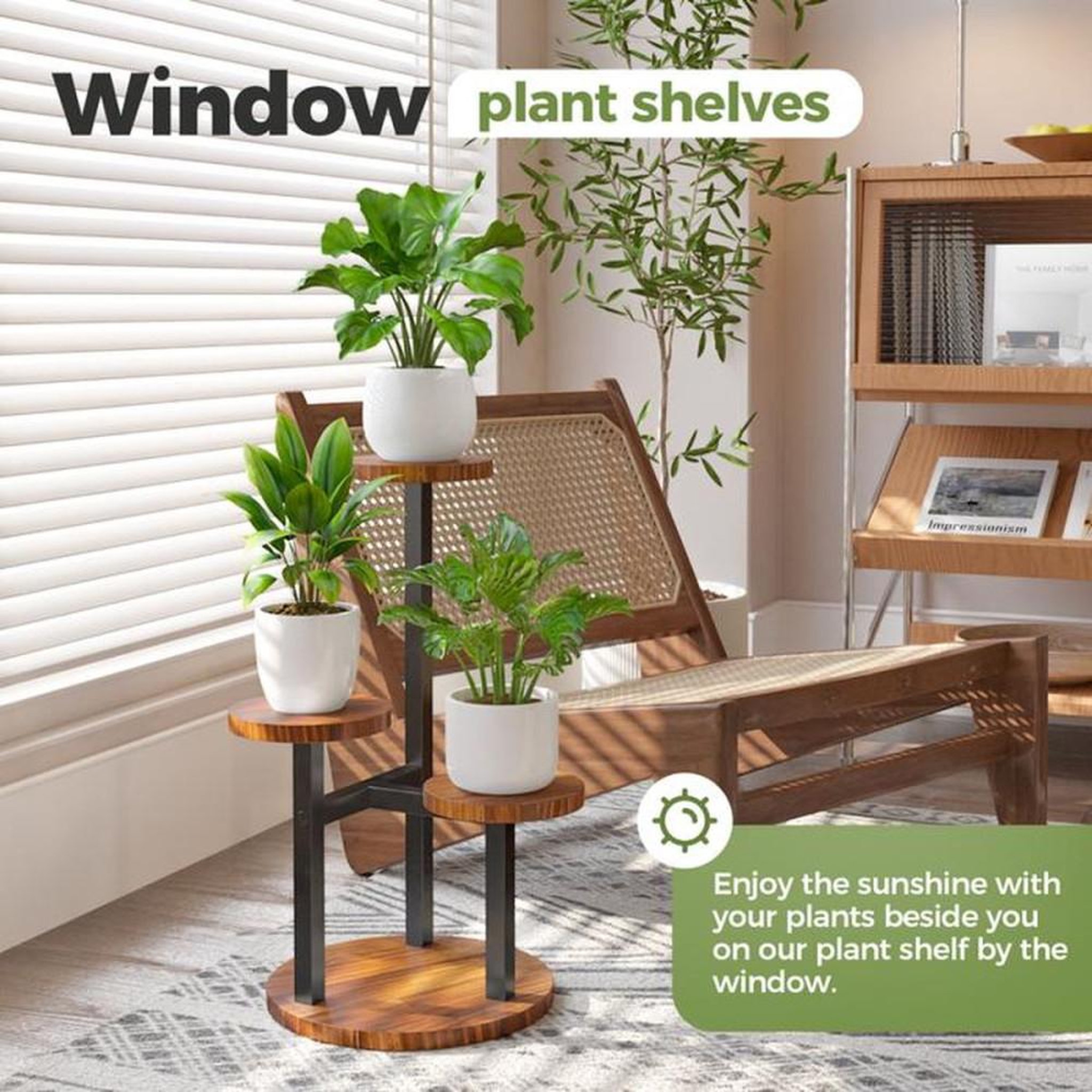 Voir la diapositive 5 : Support à plantes 3 niveaux métal avec tablettes rondes en bois, jaune asymétrique pour intérieur et extérieur